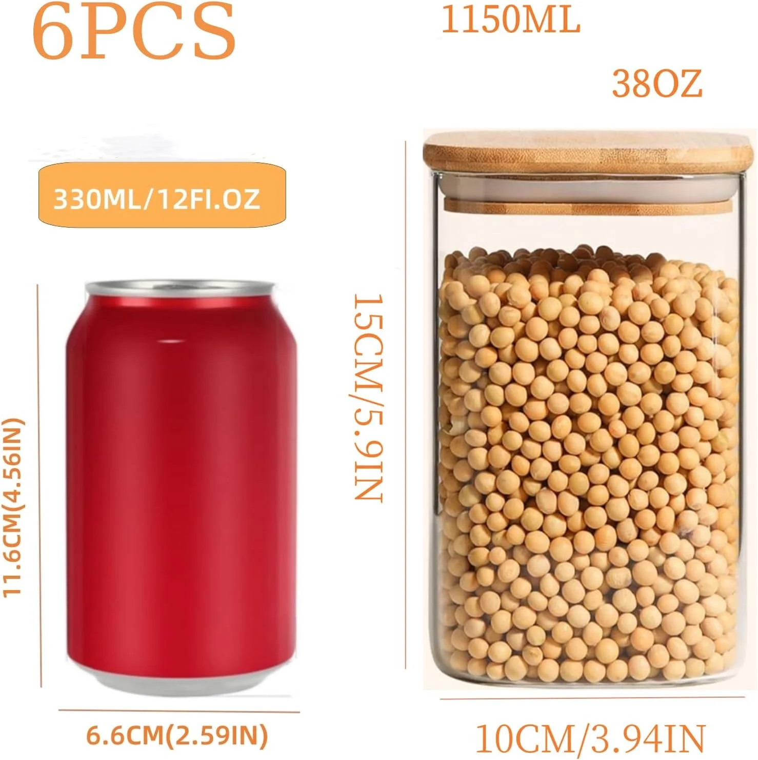 ست 6 عددی ظروف شیشه ای با درب بامبو (1100 میلی لیتر)، ظروف شیشه ای شفاف برای ادویه جات و نگهداری مواد غذایی مناسب آشپزخانه منزل، آرد، غلات، برنج، شکر، چای و دانه های قهوه