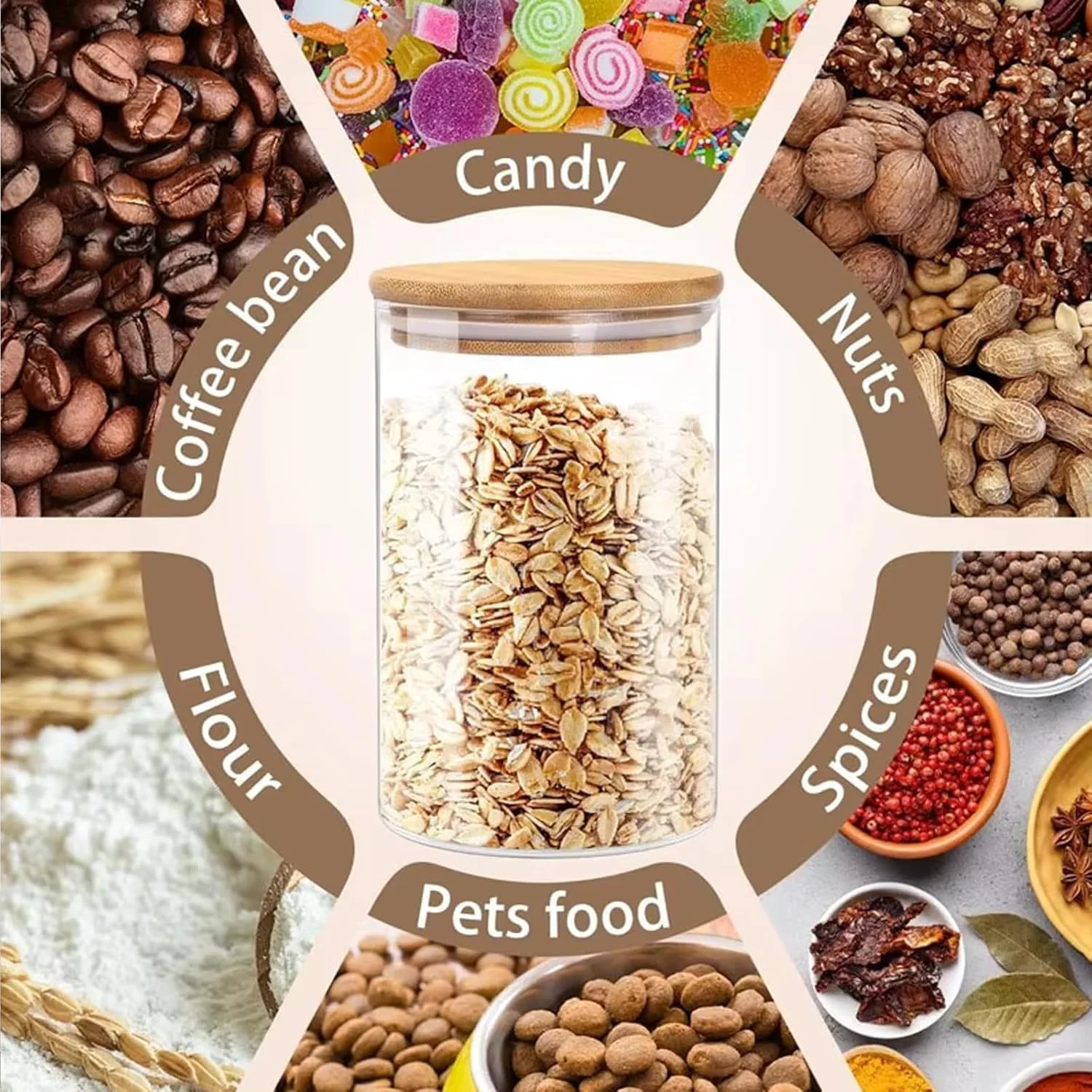 ست 6 عددی ظروف شیشه ای با درب بامبو (1100 میلی لیتر)، ظروف شیشه ای شفاف برای ادویه جات و نگهداری مواد غذایی مناسب آشپزخانه منزل، آرد، غلات، برنج، شکر، چای و دانه های قهوه