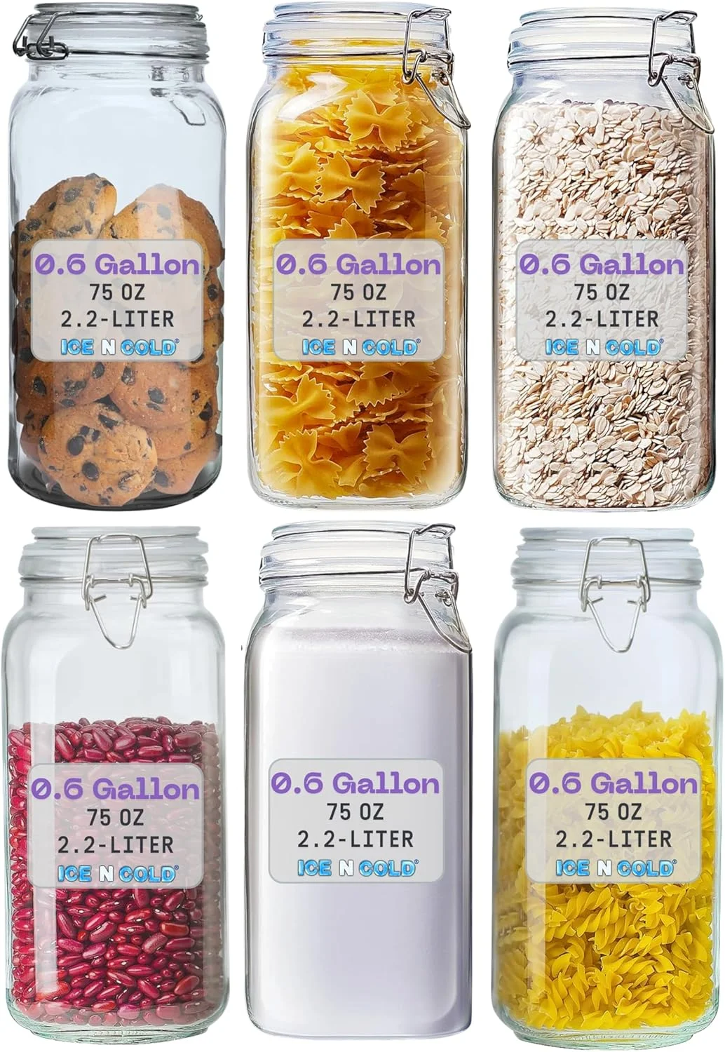 ظروف شیشه ای درب دار محکم – ظروف نگهداری مواد غذایی با واشر لاستیکی – ظروف حبوبات و آشپزخانه برای مواد خشک، قهوه، شکر، پاستا – اندازه های 0.4 لیتر تا 2.2 لیتر (6، 2.2 لیتر)