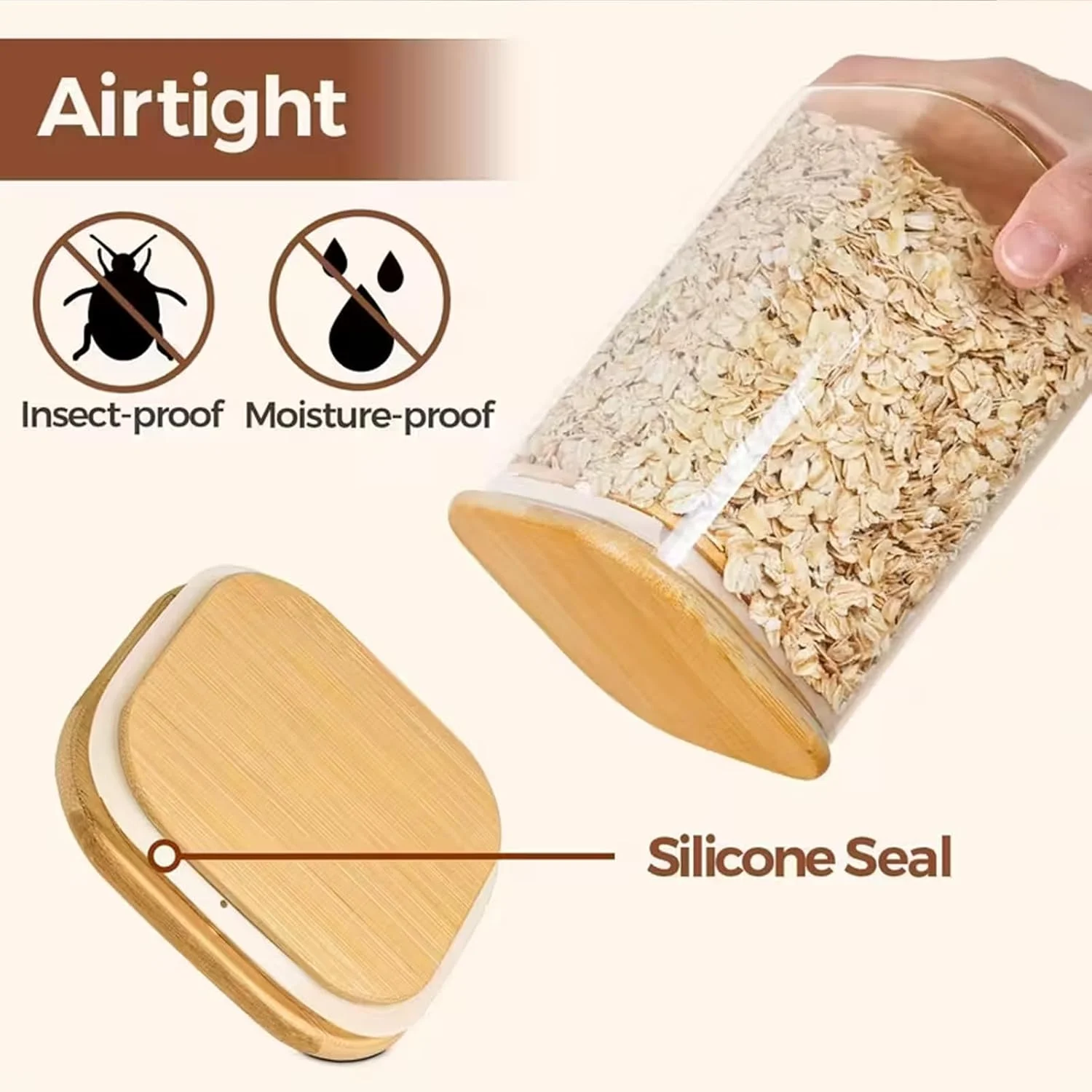 ست 6 عددی ظروف شیشه ای با درب بامبو (1100 میلی لیتر)، ظروف شیشه ای شفاف برای ادویه جات و نگهداری مواد غذایی مناسب آشپزخانه منزل، آرد، غلات، برنج، شکر، چای و دانه های قهوه