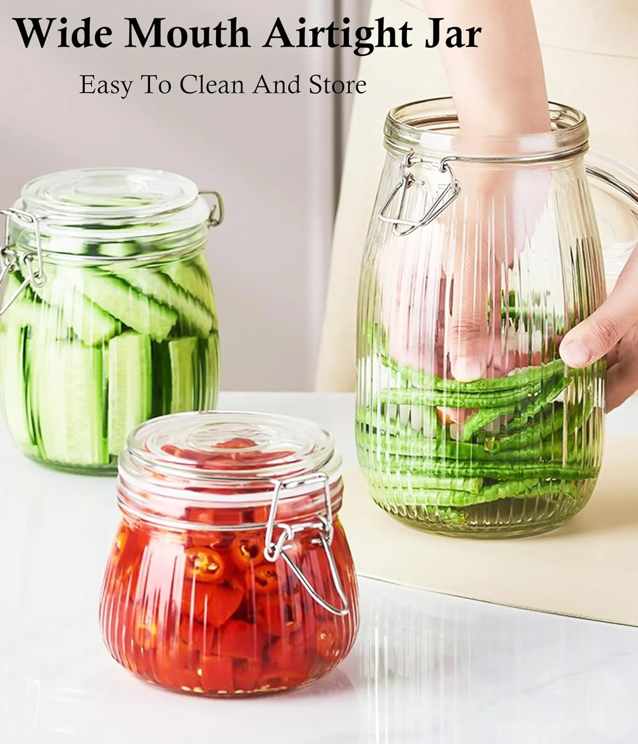 ست 3 عددی شیشه های شیشه ای 710 میلی لیتری با درب گیره ای، دهانه گشاد و هوا بند، ظروف نگهداری مواد غذایی مناسب آشپزخانه، یخچال، میوه، شکر، آجیل، مربا، چای و دانه های قهوه