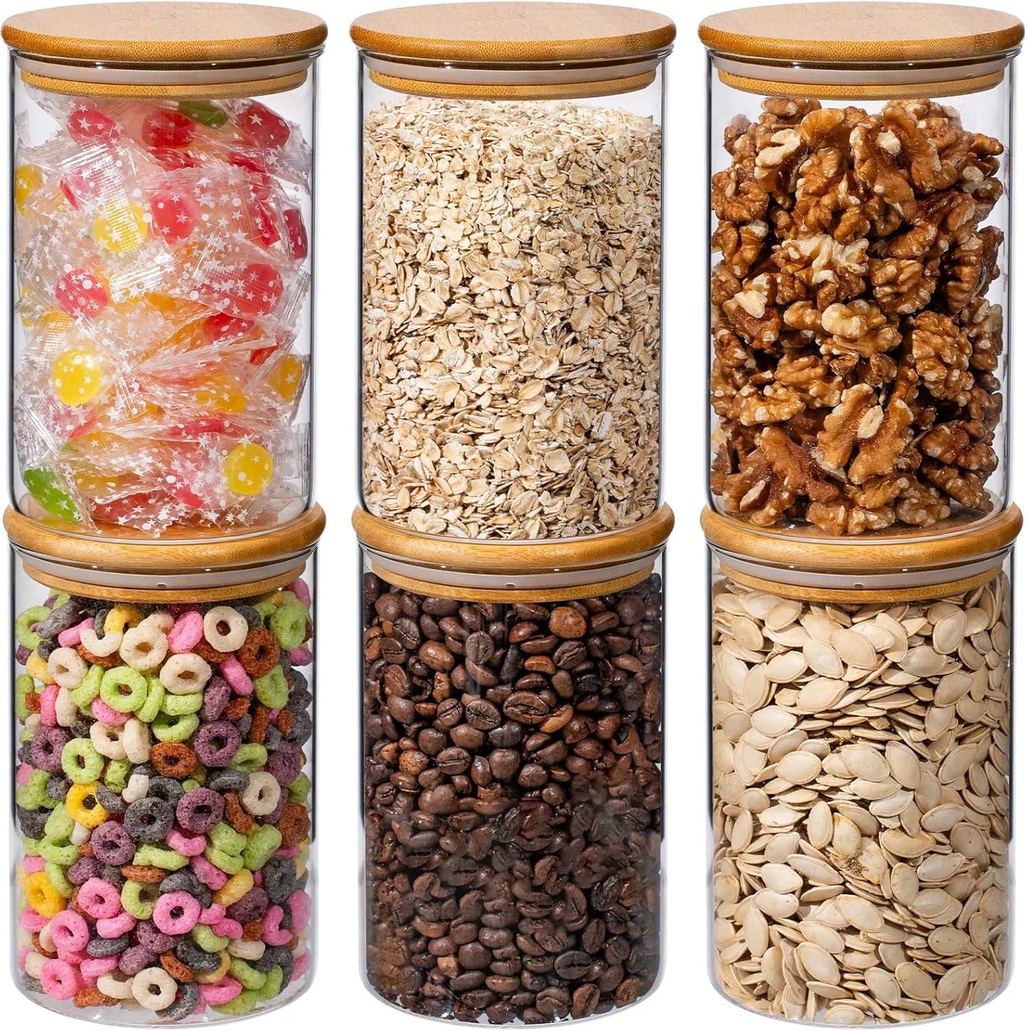 ست 6 عددی ظروف شیشه ای گرد درب بامبو Xoniwis، 32 اونسی، ظروف نگهداری مواد غذایی شیشه ای شفاف، قابل چیدن، مناسب ادویه جات، حبوبات، چای، قهوه، پاستا، جو دوسر و ادویه ست 6 عددی ظروف شیشه ای گرد درب بامبو Xoniwis، 32 اونسی، ظروف نگهداری مواد غذایی شیشه ای شفاف، قابل چیدن، مناسب ادویه جات، حبوبات، چای، قهوه، پاستا، جو دوسر و ادویه