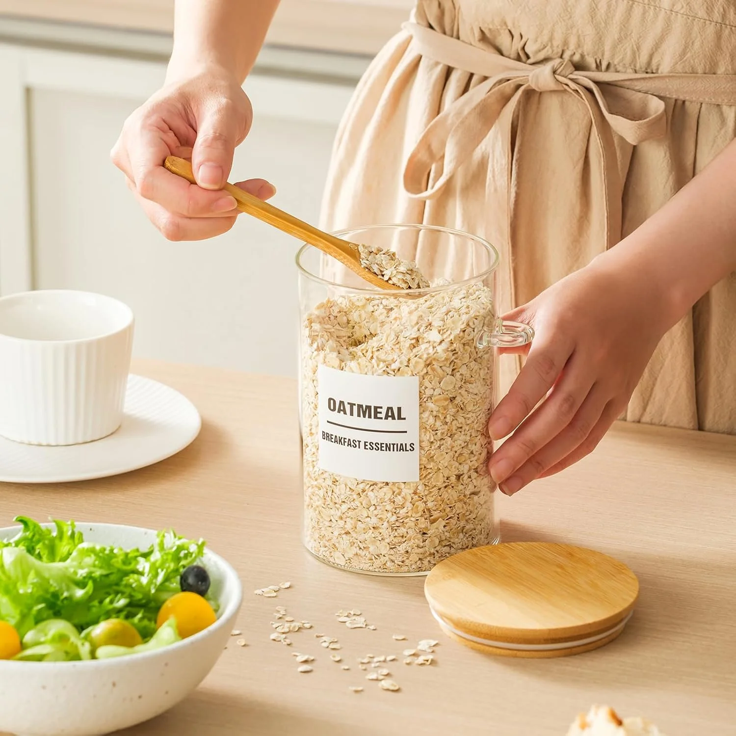 ست 6 عددی شیشه های 946 میلی لیتری با درب بامبو، ظروف شیشه ای نگهداری مواد غذایی با درب، شیشه شفاف و بدون هوا برای نگهداری قهوه، چای، شکر، آرد، شامل 168 برچسب برای انبار و قاشق، ضخامت 3 میلی متری