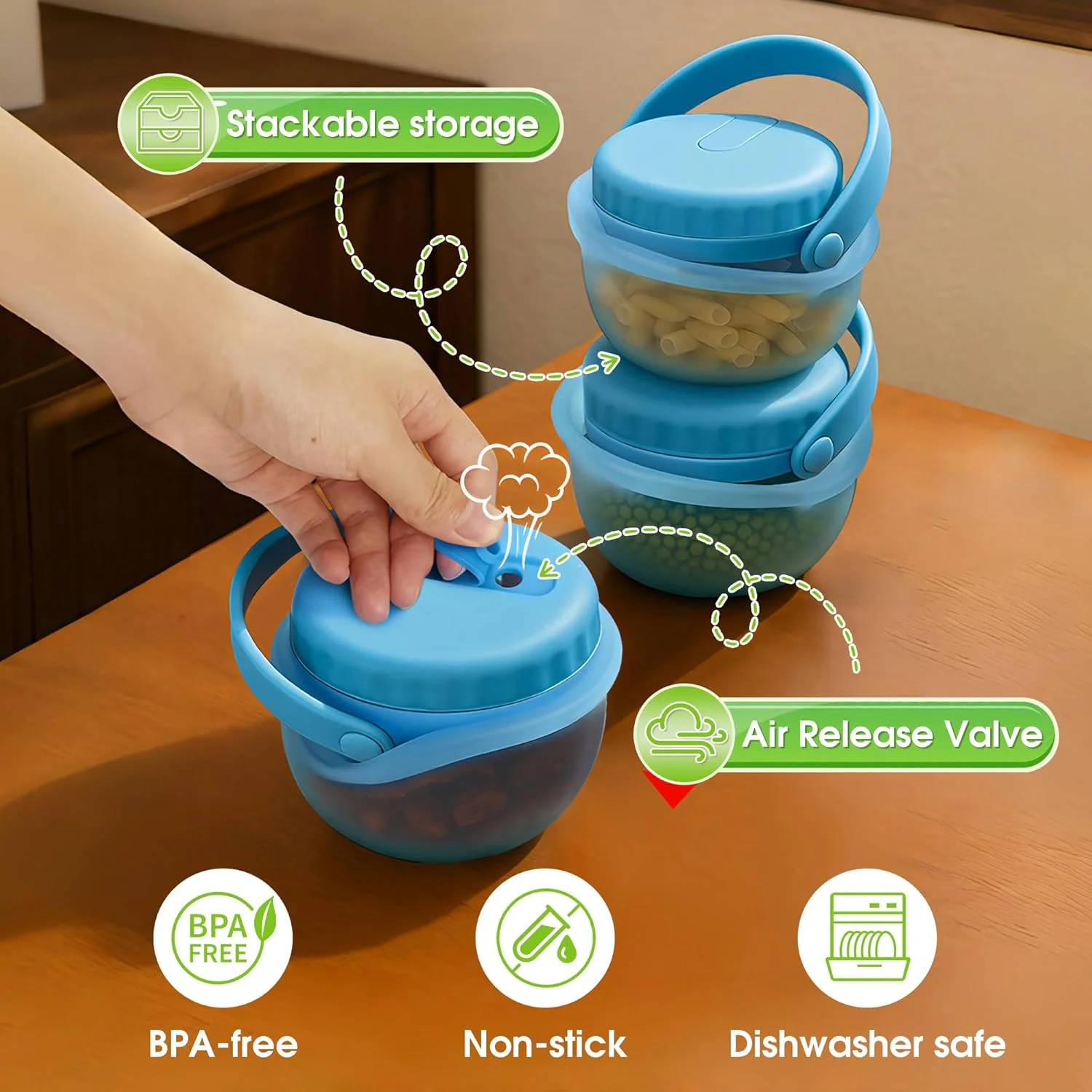 ظروف نگهداری سیلیکونی درب دار با دریچه هوا، 1.5 لیتر، دسته دار - تاشو، ظروف ضد نشت برای آشپزخانه، شیرینی، غلات، آرد، برنج، تخمیر، تخم مرغ و مناسب برای مایکروویو - بسته 2 عددی