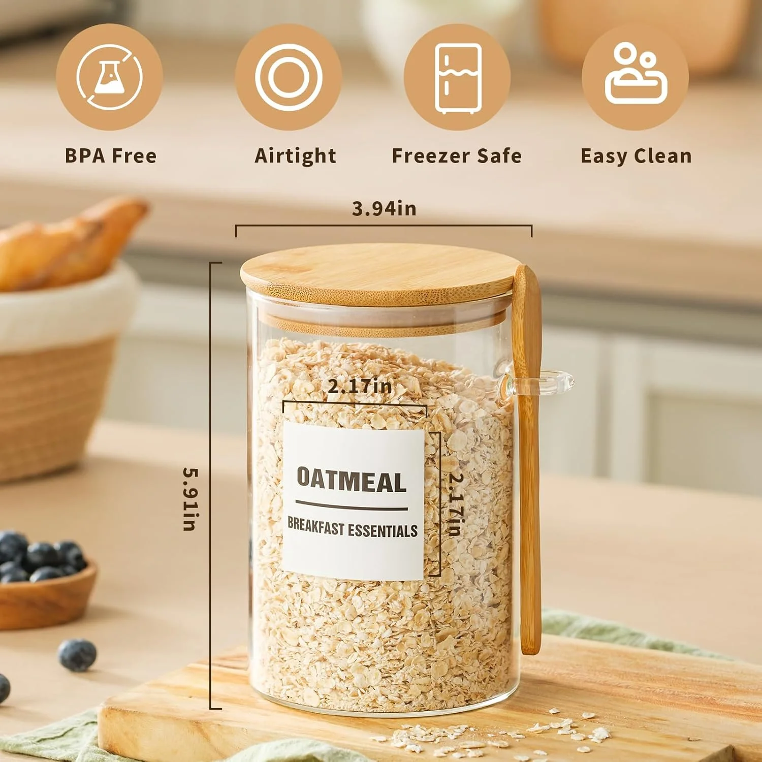 ست 6 عددی شیشه های 946 میلی لیتری با درب بامبو، ظروف شیشه ای نگهداری مواد غذایی با درب، شیشه شفاف و بدون هوا برای نگهداری قهوه، چای، شکر، آرد، شامل 168 برچسب برای انبار و قاشق، ضخامت 3 میلی متری