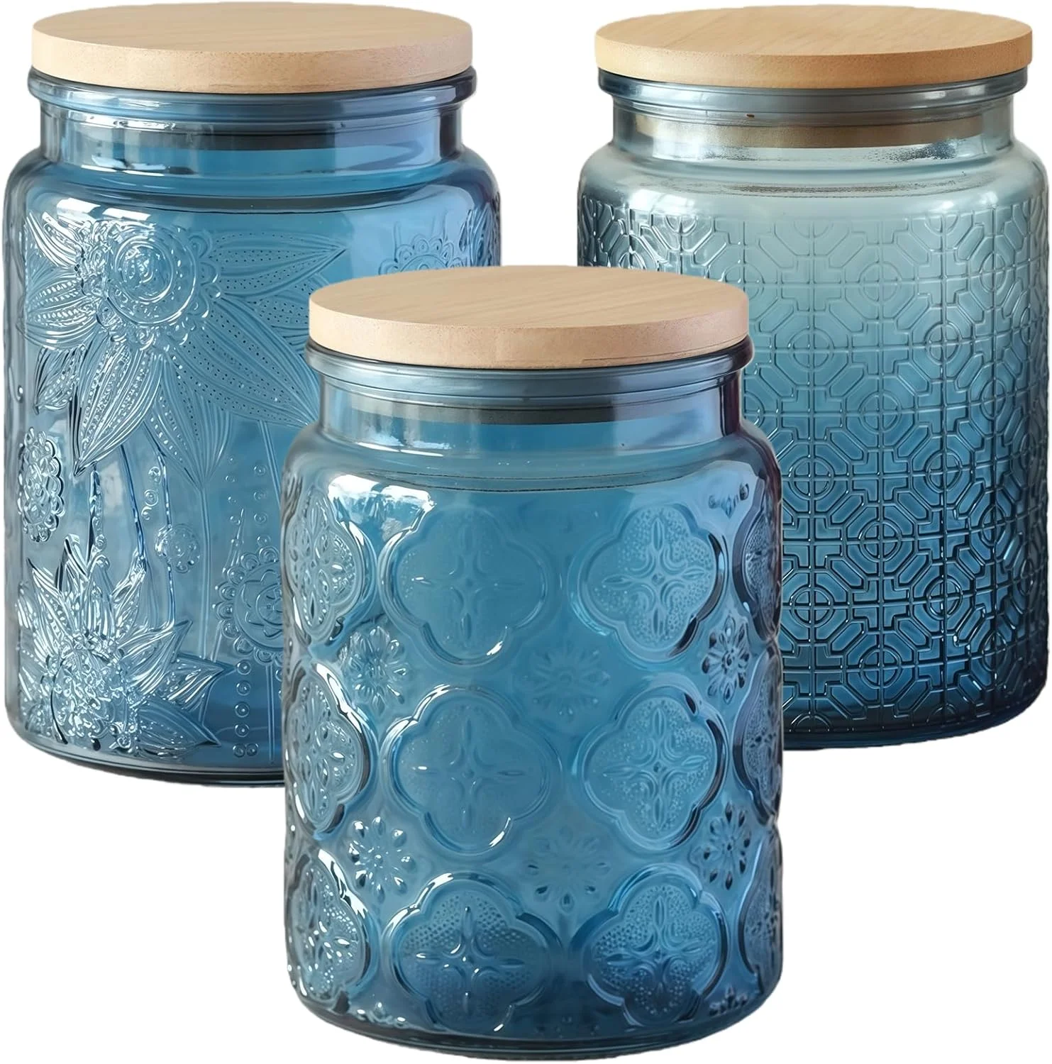 ست 3 عددی ظروف شیشه ای 700 میلی لیتری با درب بامبو، ظروف نگهداری درب دار قدیمی برای سازماندهی آشپزخانه - ظروف غذا برای شکر، چای، قهوه، آرد، تنقلات (آبی)