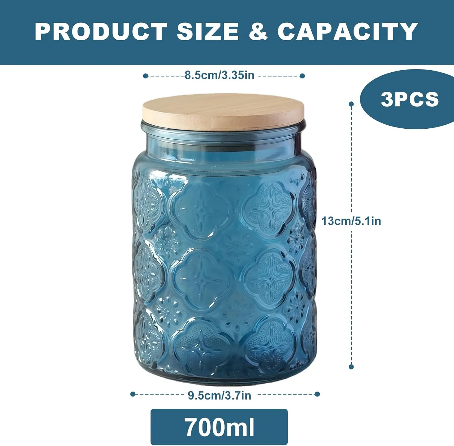 ست 3 عددی ظروف شیشه ای 700 میلی لیتری با درب بامبو، ظروف نگهداری درب دار قدیمی برای سازماندهی آشپزخانه - ظروف غذا برای شکر، چای، قهوه، آرد، تنقلات (آبی)