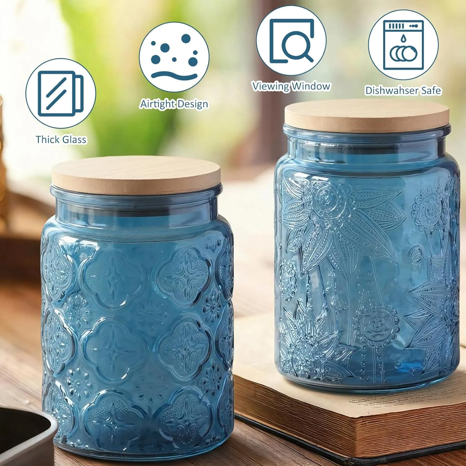 ست 3 عددی ظروف شیشه ای 700 میلی لیتری با درب بامبو، ظروف نگهداری درب دار قدیمی برای سازماندهی آشپزخانه - ظروف غذا برای شکر، چای، قهوه، آرد، تنقلات (آبی)