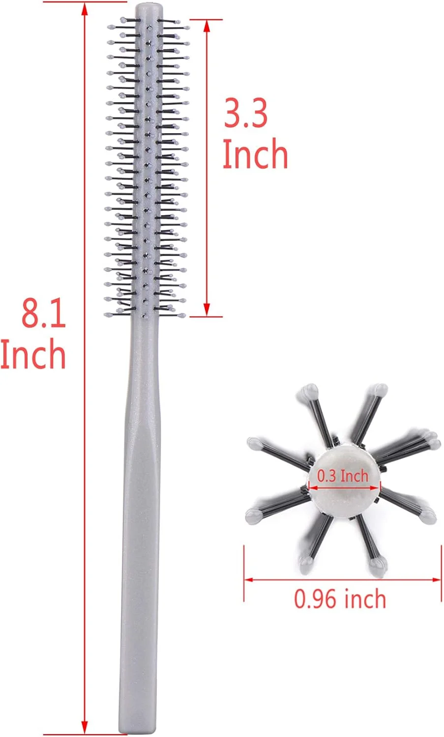 پرفهیر (خاکستری) - برس حالت دهنده موی گرد پلاستیکی کوچک با موهای نایلونی برای خشک کردن موهای کوتاه، قطر بشکه 2.5 سانتی متر