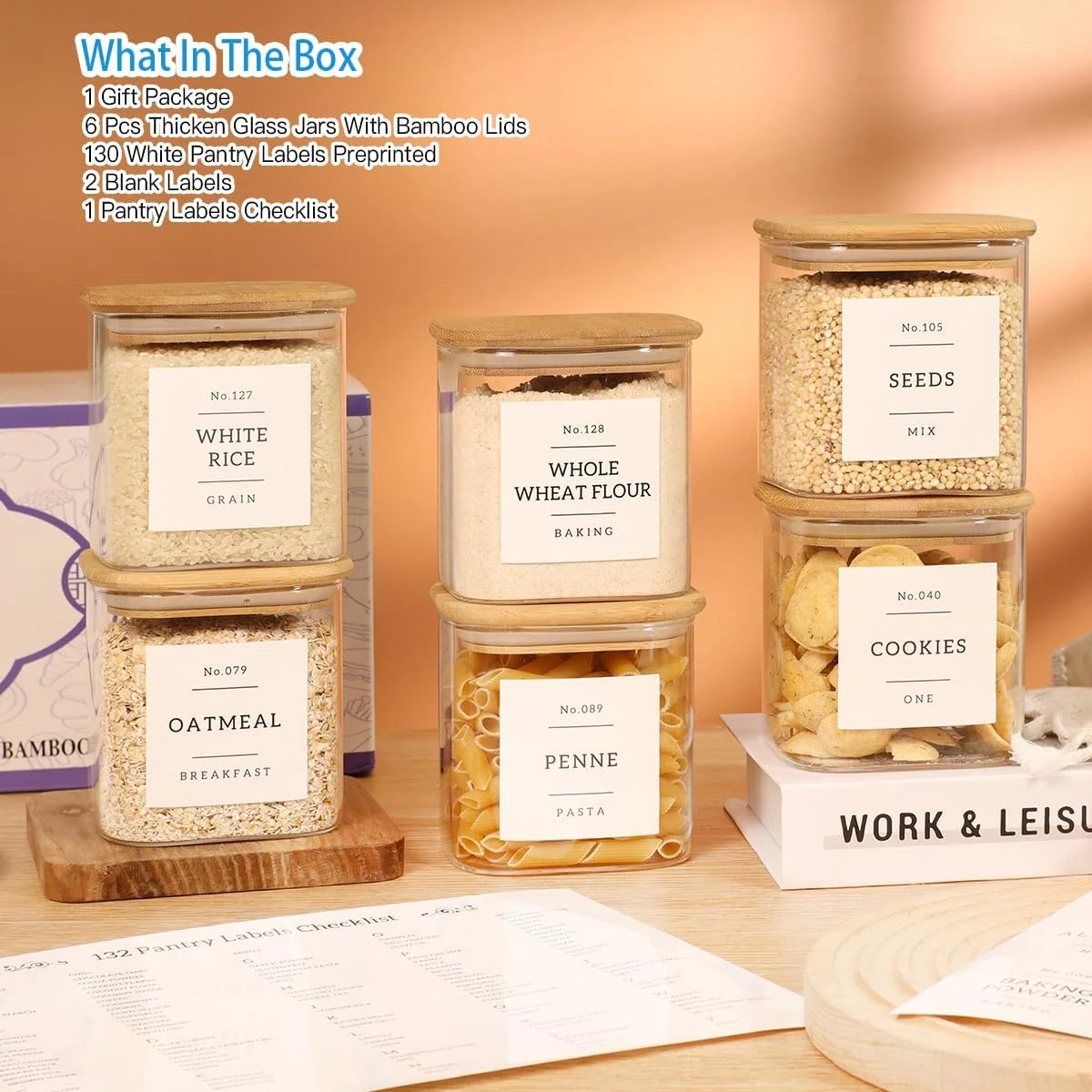 بسته 6 عددی ظروف شیشه ای مربعی برای نگهداری مواد غذایی در آشپزخانه به همراه 132 برچسب - شیشه های شفاف 700 میلی لیتری با درب های چوبی بامبو - ظروف شیشه ای برای شکر، غلات، قهوه، ادویه