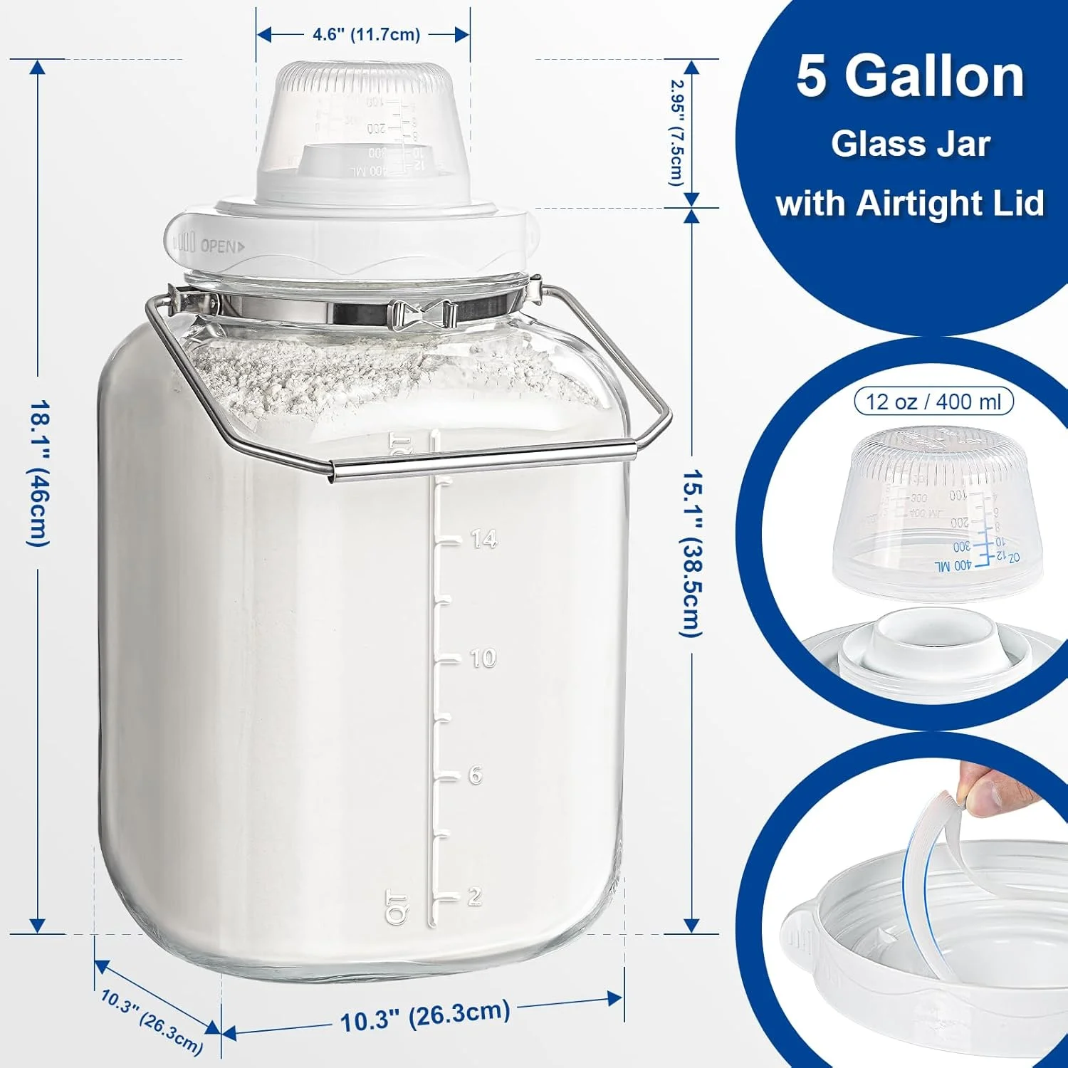 شیشه جار 5 گالن با درب محکم، شیشه مربعی دهان گشاد با دسته استیل ضد زنگ، شیشه پارچ با پیمانه برای تراریوم، نگهداری، تشویقی سگ، تهیه مِیْد شیشه جار 5 گالن با درب محکم، شیشه مربعی دهان گشاد با دسته استیل ضد زنگ، شیشه پارچ با پیمانه برای تراریوم، نگهداری، تشویقی سگ، تهیه مِیْد