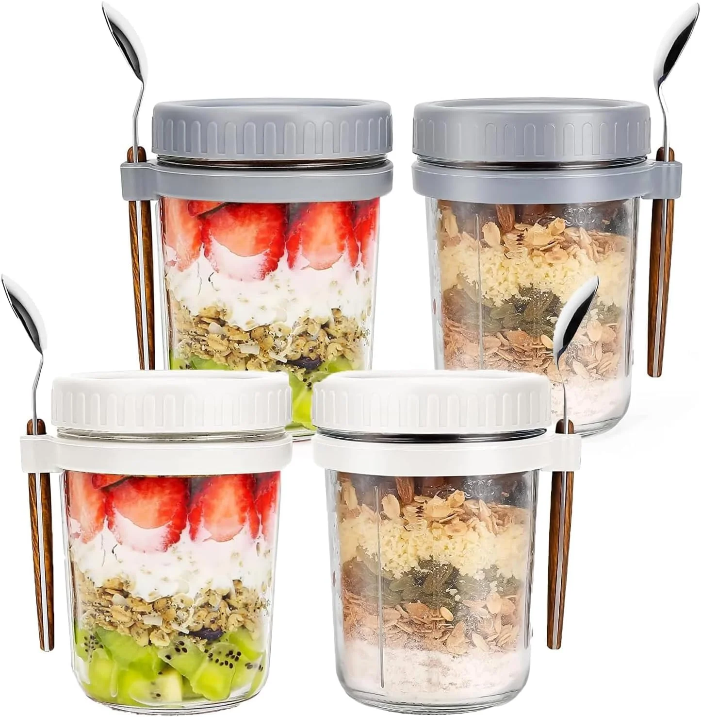 ظروف جو دوسر یک شبه DESALOV با قاشق و درب، 400 میلی لیتر، ظرف جو دوسر پرک درب دار با علامت های اندازه گیری، ظروف درب دار برای حمل غلات، بسته 4 عددی، خاکستری + سفید ظروف جو دوسر یک شبه DESALOV با قاشق و درب، 400 میلی لیتر، ظرف جو دوسر پرک درب دار با علامت های اندازه گیری، ظروف درب دار برای حمل غلات، بسته 4 عددی، خاکستری + سفید