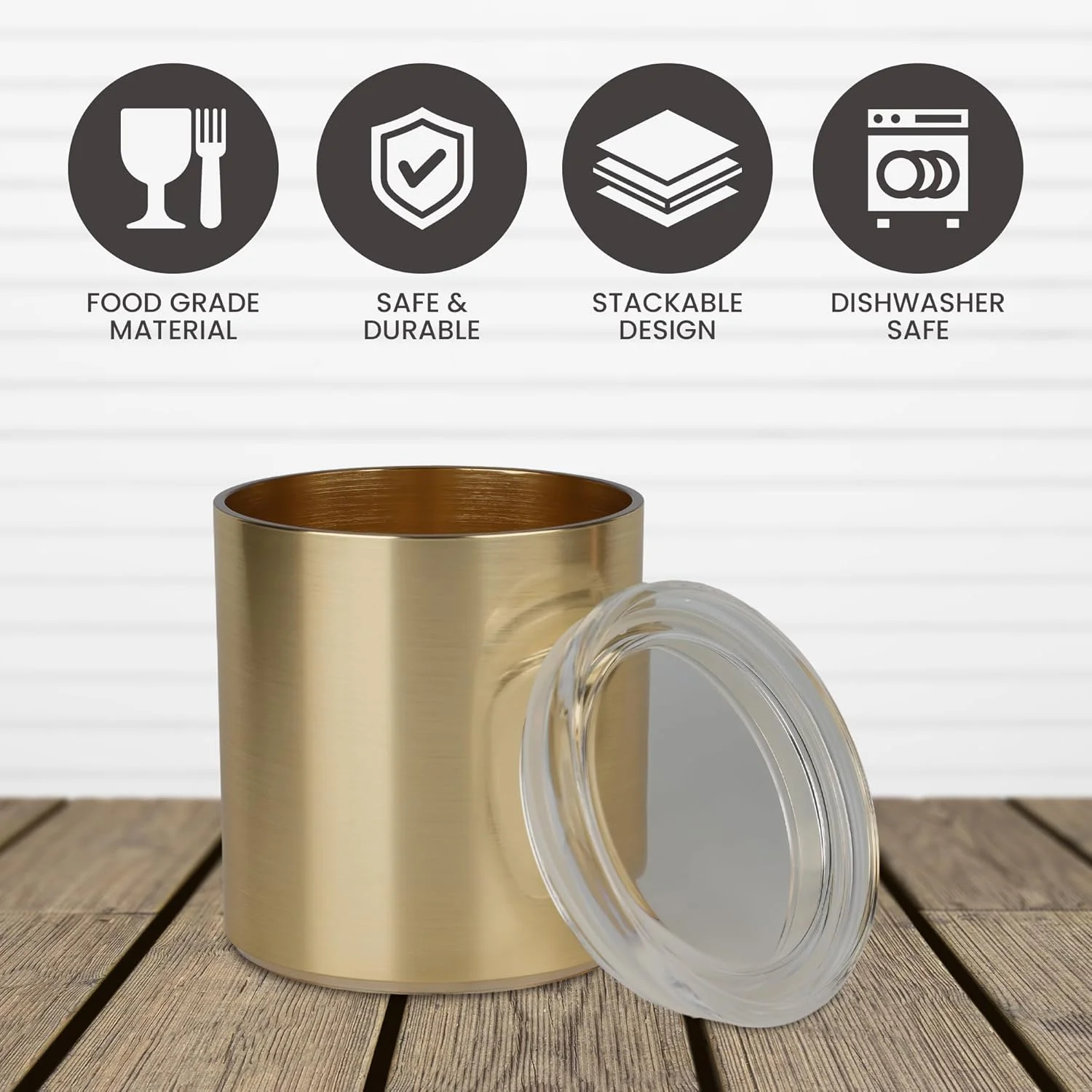 ظرف نگهداری صیقلی آشپزخانه Diveena - شیشه درب دار برای چای، شکر، قهوه، ادویه جات، بادوام و مقاوم در برابر زنگ زدگی، ظرف نگهداری آشپزخانه برای روی میز یا هدیه | طلایی بزرگ