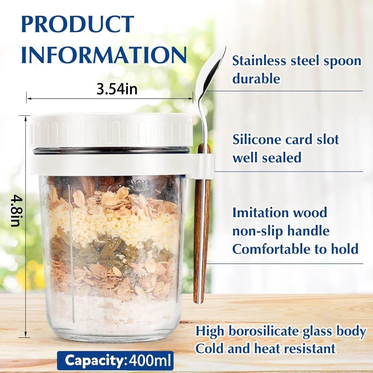 ظروف جو دوسر یک شبه DESALOV با قاشق و درب، 400 میلی لیتر، ظرف جو دوسر پرک درب دار با علامت های اندازه گیری، ظروف درب دار برای حمل غلات، بسته 4 عددی، خاکستری + سفید