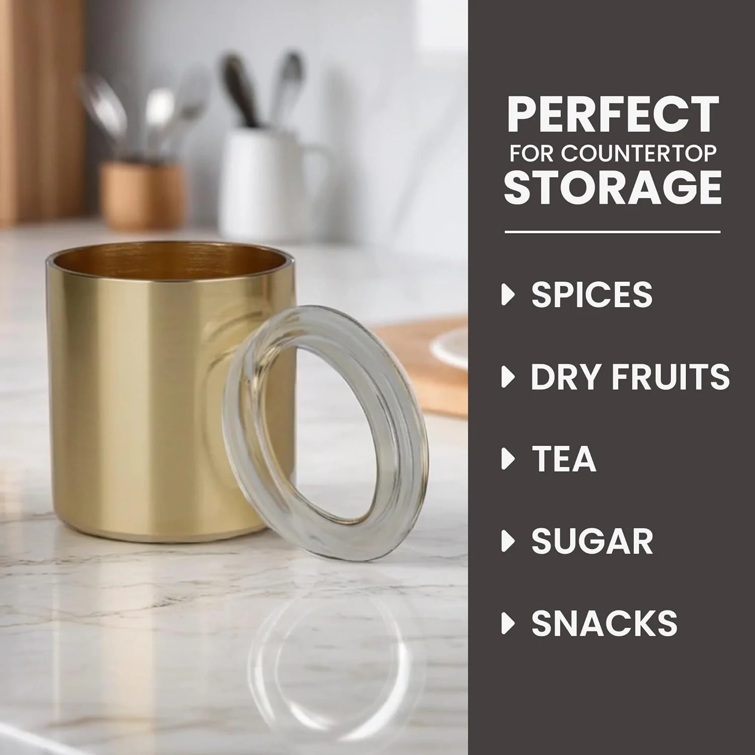 ظرف نگهداری صیقلی آشپزخانه Diveena - شیشه درب دار برای چای، شکر، قهوه، ادویه جات، بادوام و مقاوم در برابر زنگ زدگی، ظرف نگهداری آشپزخانه برای روی میز یا هدیه | طلایی بزرگ