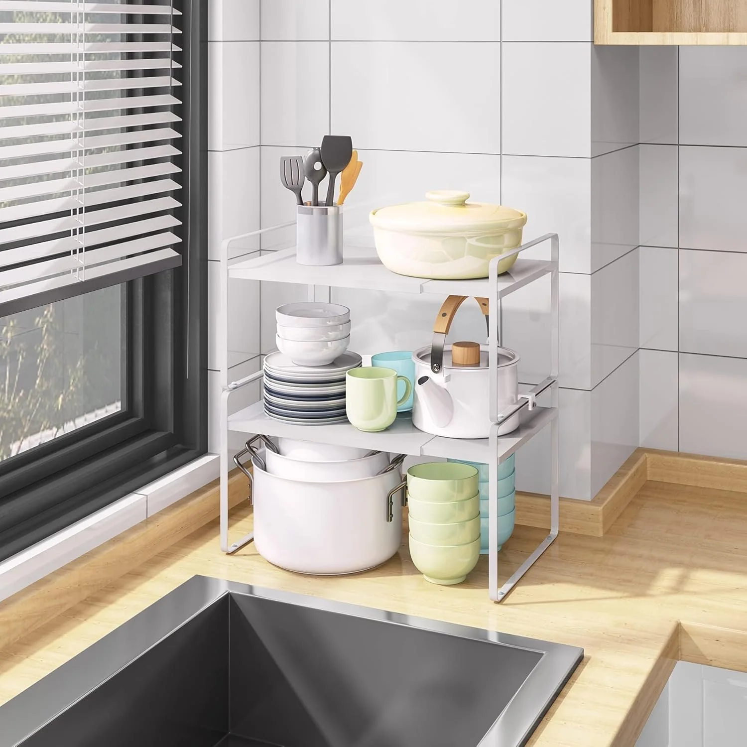 قفسه سازمان دهنده رومیزی قابل گسترش DOOKOO، قفسه آشپزخانه چند منظوره متحرک، قفسه ادویه، قفسه کابینت، قفسه انباری زیر سینک (سفید) قفسه سازمان دهنده رومیزی قابل گسترش DOOKOO، قفسه آشپزخانه چند منظوره متحرک، قفسه ادویه، قفسه کابینت، قفسه انباری زیر سینک (سفید)