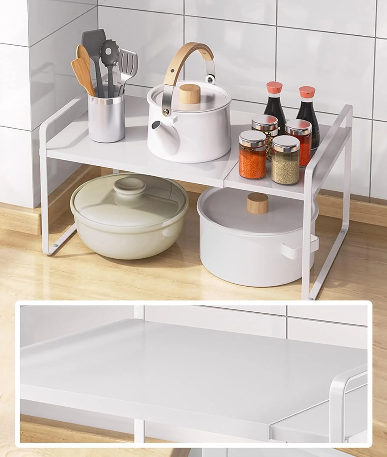 قفسه سازمان دهنده رومیزی قابل گسترش DOOKOO، قفسه آشپزخانه چند منظوره متحرک، قفسه ادویه، قفسه کابینت، قفسه انباری زیر سینک (سفید) قفسه سازمان دهنده رومیزی قابل گسترش DOOKOO، قفسه آشپزخانه چند منظوره متحرک، قفسه ادویه، قفسه کابینت، قفسه انباری زیر سینک (سفید)