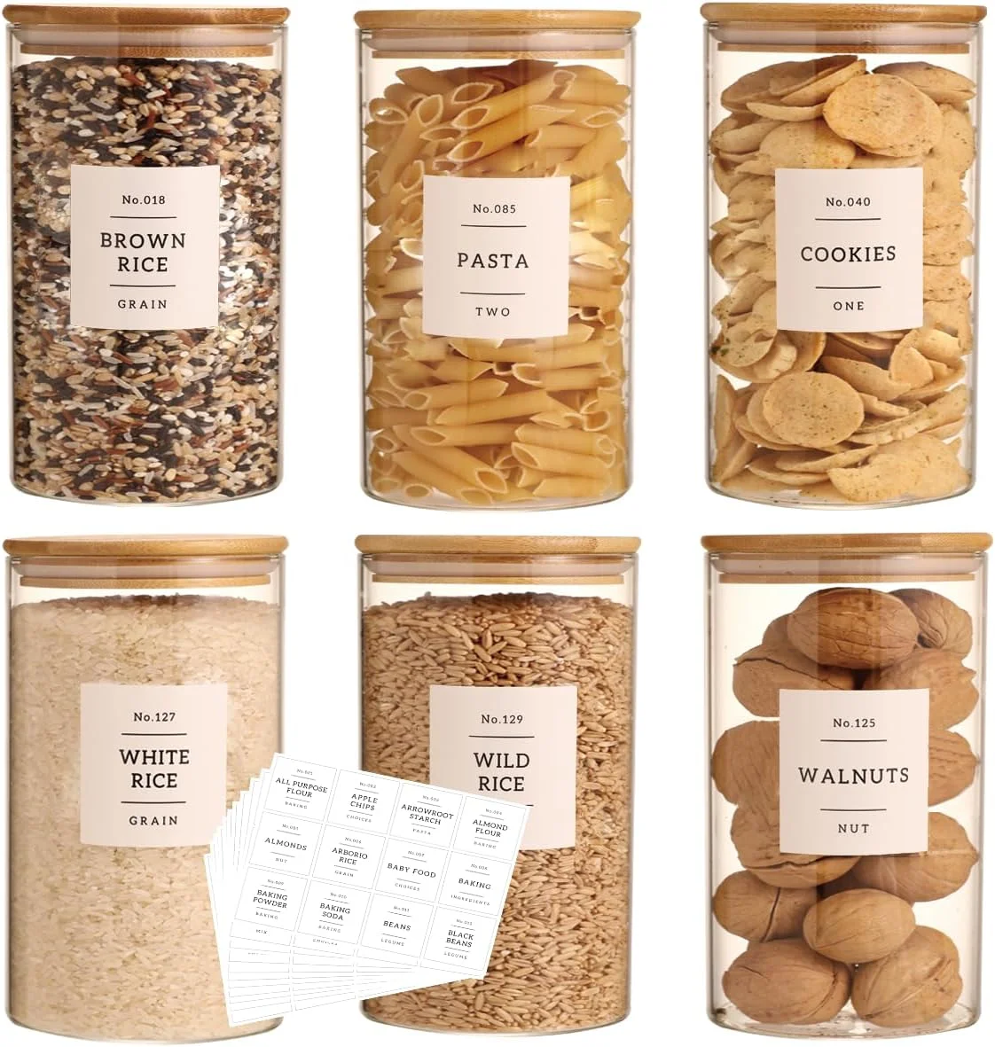 مجموعه 6 عددی شیشه های شیشه ای CZZGSM با درب بامبو و 132 برچسب از پیش چاپ شده برای آشپزخانه - ظروف شیشه ای گرد شفاف 28 اونسی برای نگهداری مواد غذایی مانند چای، قهوه و کلوچه