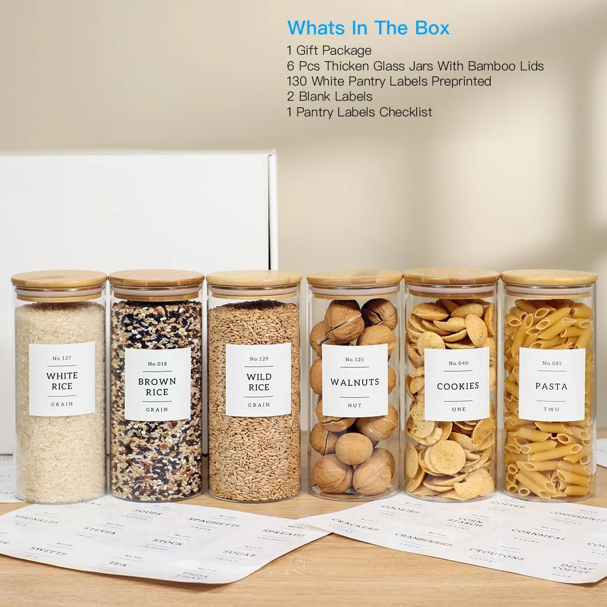 مجموعه 6 عددی شیشه های شیشه ای CZZGSM با درب بامبو و 132 برچسب از پیش چاپ شده برای آشپزخانه - ظروف شیشه ای گرد شفاف 28 اونسی برای نگهداری مواد غذایی مانند چای، قهوه و کلوچه