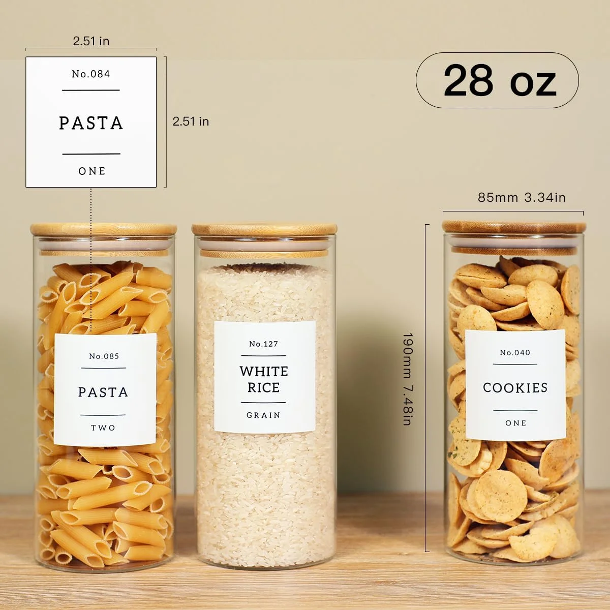 مجموعه 6 عددی شیشه های شیشه ای CZZGSM با درب بامبو و 132 برچسب از پیش چاپ شده برای آشپزخانه - ظروف شیشه ای گرد شفاف 28 اونسی برای نگهداری مواد غذایی مانند چای، قهوه و کلوچه