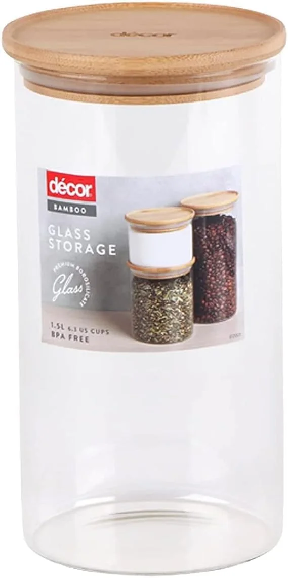 ظروف شیشه ای ذخیره سازی بامبو دکور، ظروف درب دار شفاف و بدون هوا برای آشپزخانه با درب چوبی 1.5 لیتری