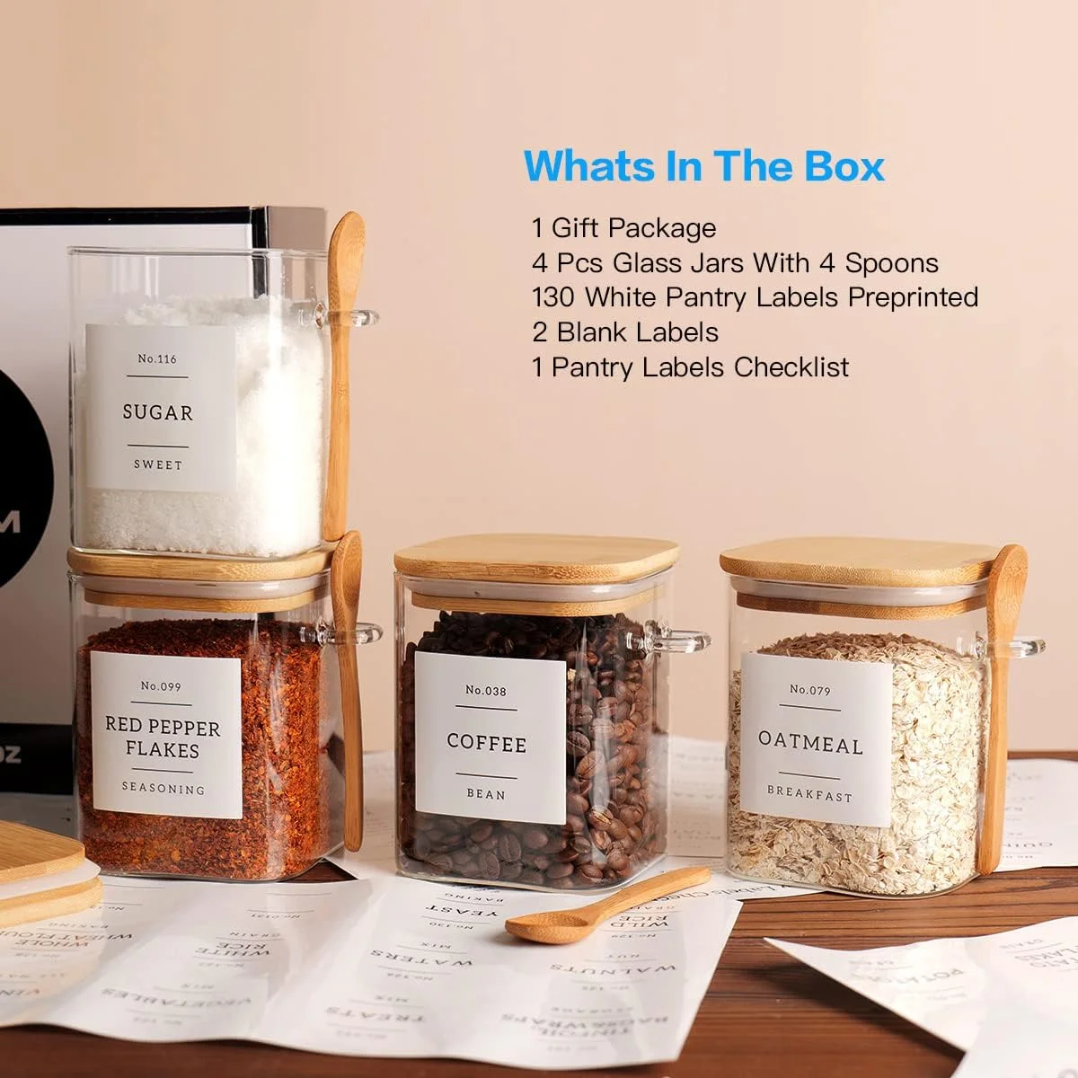 ست 4 تایی ظروف شیشه ای مربعی CZZGSM با درب بامبو و قاشق - ظروف نگهداری مواد غذایی شیشه ای بوروسیلیکات 800 میلی لیتری درب دار با 132 برچسب برای قهوه، چای، شکر