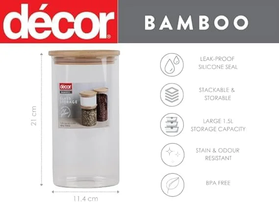 ظروف شیشه ای ذخیره سازی بامبو دکور، ظروف درب دار شفاف و بدون هوا برای آشپزخانه با درب چوبی 1.5 لیتری ظروف شیشه ای ذخیره سازی بامبو دکور، ظروف درب دار شفاف و بدون هوا برای آشپزخانه با درب چوبی 1.5 لیتری