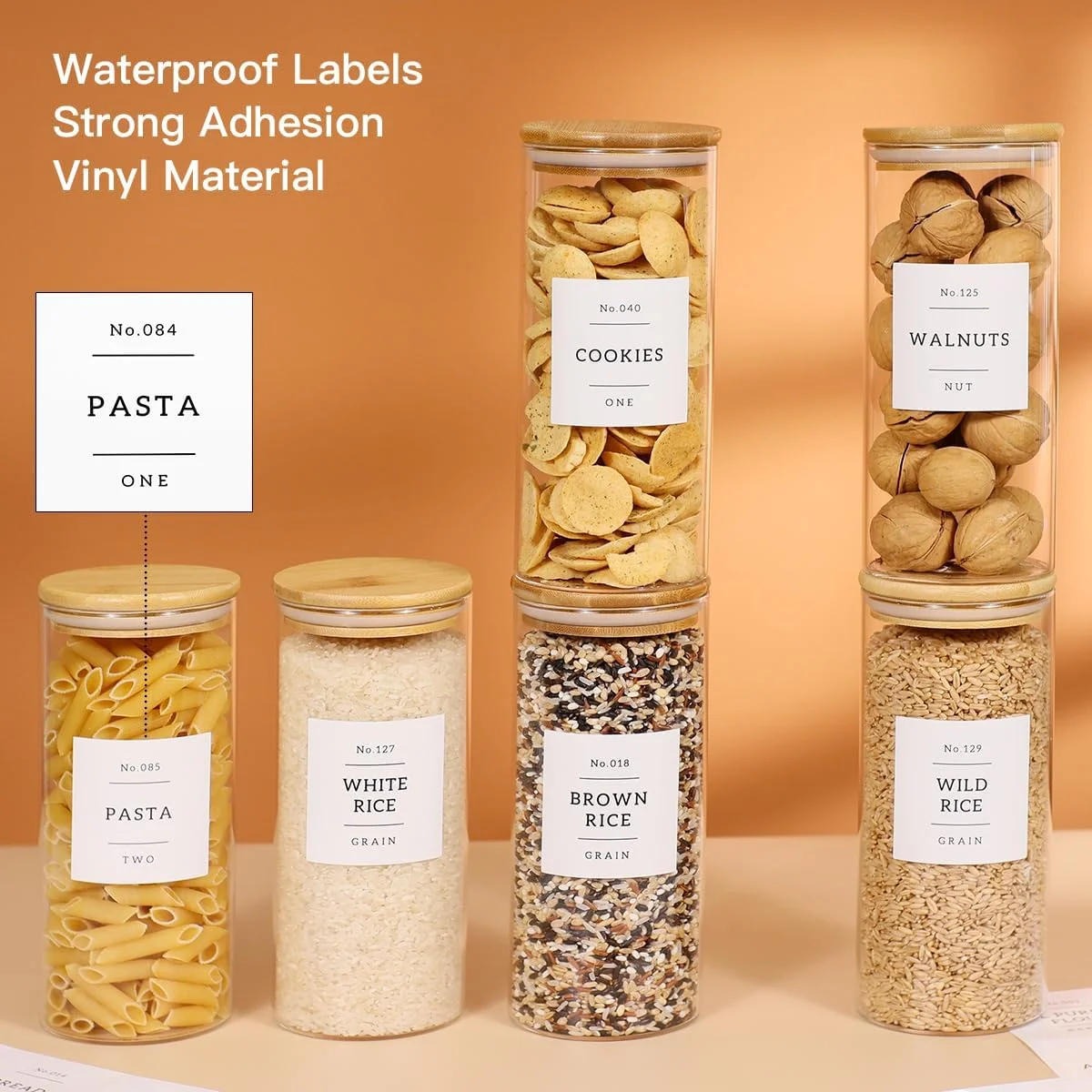 مجموعه 6 عددی شیشه های شیشه ای CZZGSM با درب بامبو و 132 برچسب از پیش چاپ شده برای آشپزخانه - ظروف شیشه ای گرد شفاف 28 اونسی برای نگهداری مواد غذایی مانند چای، قهوه و کلوچه