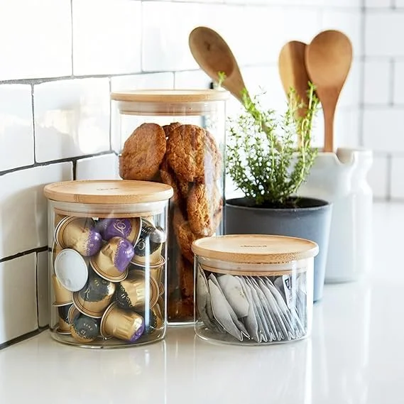 ظروف شیشه ای ذخیره سازی بامبو دکور، ظروف درب دار شفاف و بدون هوا برای آشپزخانه با درب چوبی 1.5 لیتری ظروف شیشه ای ذخیره سازی بامبو دکور، ظروف درب دار شفاف و بدون هوا برای آشپزخانه با درب چوبی 1.5 لیتری