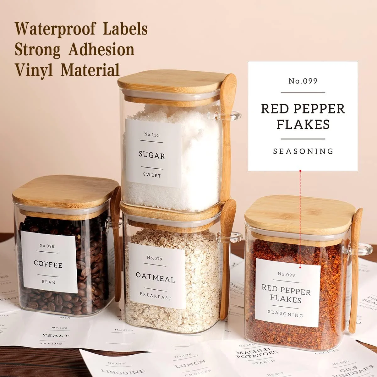 ست 4 تایی ظروف شیشه ای مربعی CZZGSM با درب بامبو و قاشق - ظروف نگهداری مواد غذایی شیشه ای بوروسیلیکات 800 میلی لیتری درب دار با 132 برچسب برای قهوه، چای، شکر