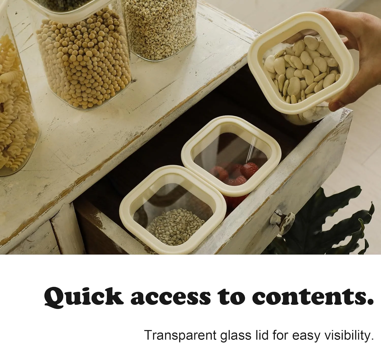 CozNido ست 4 عددی شیشه های مربعی 1200 میلی لیتری برای نگهداری مواد غذایی با درب های شفاف و هواگیر، مناسب برای آرد، شکر و قابل استفاده در یخچال