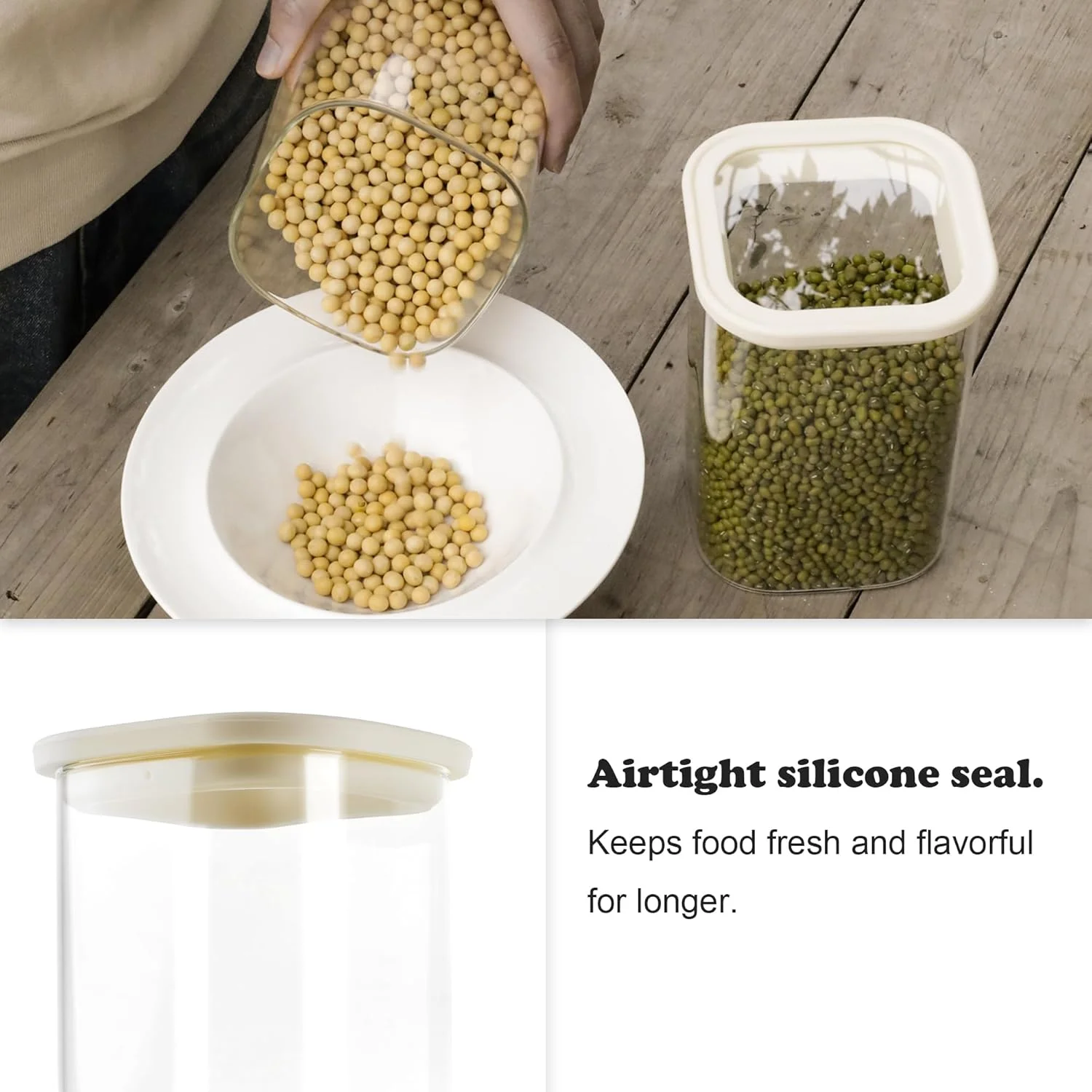 CozNido ست 4 عددی شیشه های مربعی 1200 میلی لیتری برای نگهداری مواد غذایی با درب های شفاف و هواگیر، مناسب برای آرد، شکر و قابل استفاده در یخچال