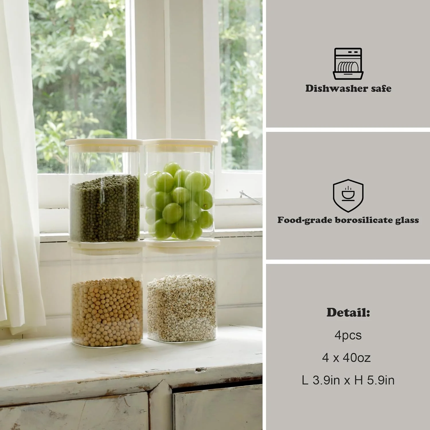 CozNido ست 4 عددی شیشه های مربعی 1200 میلی لیتری برای نگهداری مواد غذایی با درب های شفاف و هواگیر، مناسب برای آرد، شکر و قابل استفاده در یخچال