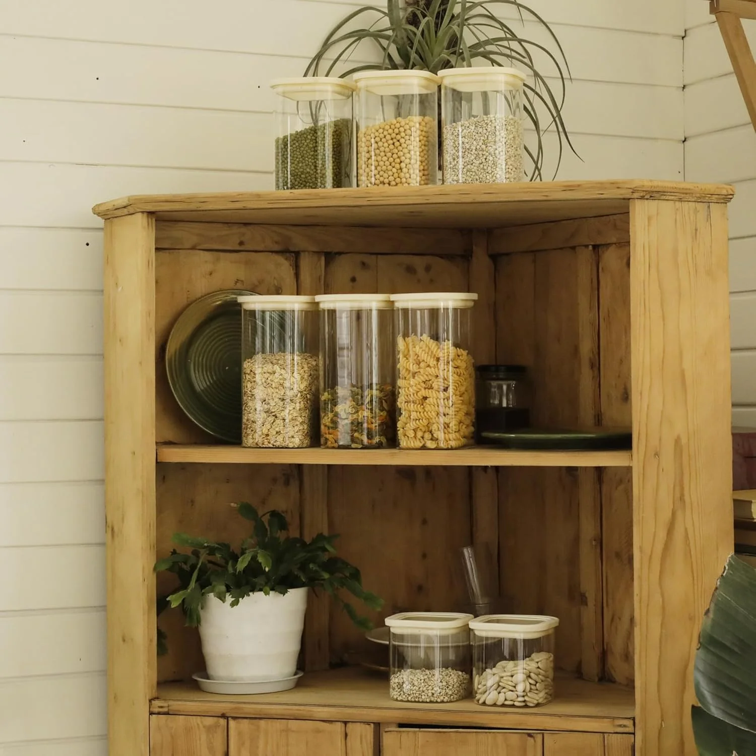 CozNido ست 4 عددی شیشه های مربعی 1200 میلی لیتری برای نگهداری مواد غذایی با درب های شفاف و هواگیر، مناسب برای آرد، شکر و قابل استفاده در یخچال