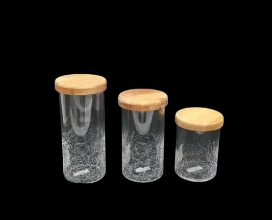 ست 3 تایی ظروف شیشه ای ترک دار با درب چوبی هواگیر - ظروف آشپزخانه تزئینی برای ادویه جات، گیاهان و مواد غذایی خشک - طراحی مات منحصر به فرد - سازماندهی انباری خانه