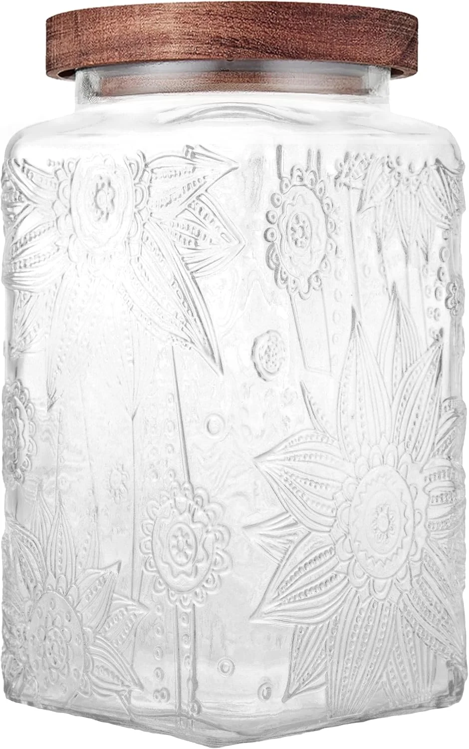 ظروف شیشه ای ذخیره سازی کاستد با درب محکم، ظرف 1035 میلی لیتری برای پیشخوان آشپزخانه با درب چوبی، شکر قهوه ای، آب نبات، قهوه، کلوچه، نمک، چای، شیشه زیبا (آفتابگردان مربع بزرگ)