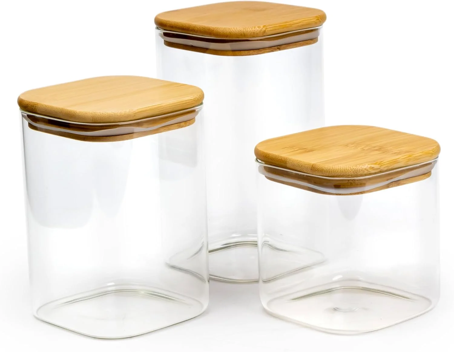 ست 3 تایی ظروف شیشه ای مربع شکل Cuisine Art با درب چوبی بامبو - ظروف شیشه ای بوروسیلیکات شفاف و ضد هوا، برای نگهداری مواد غذایی، غلات، دانه های قهوه، چای 650+1020+1300 میلی لیتر