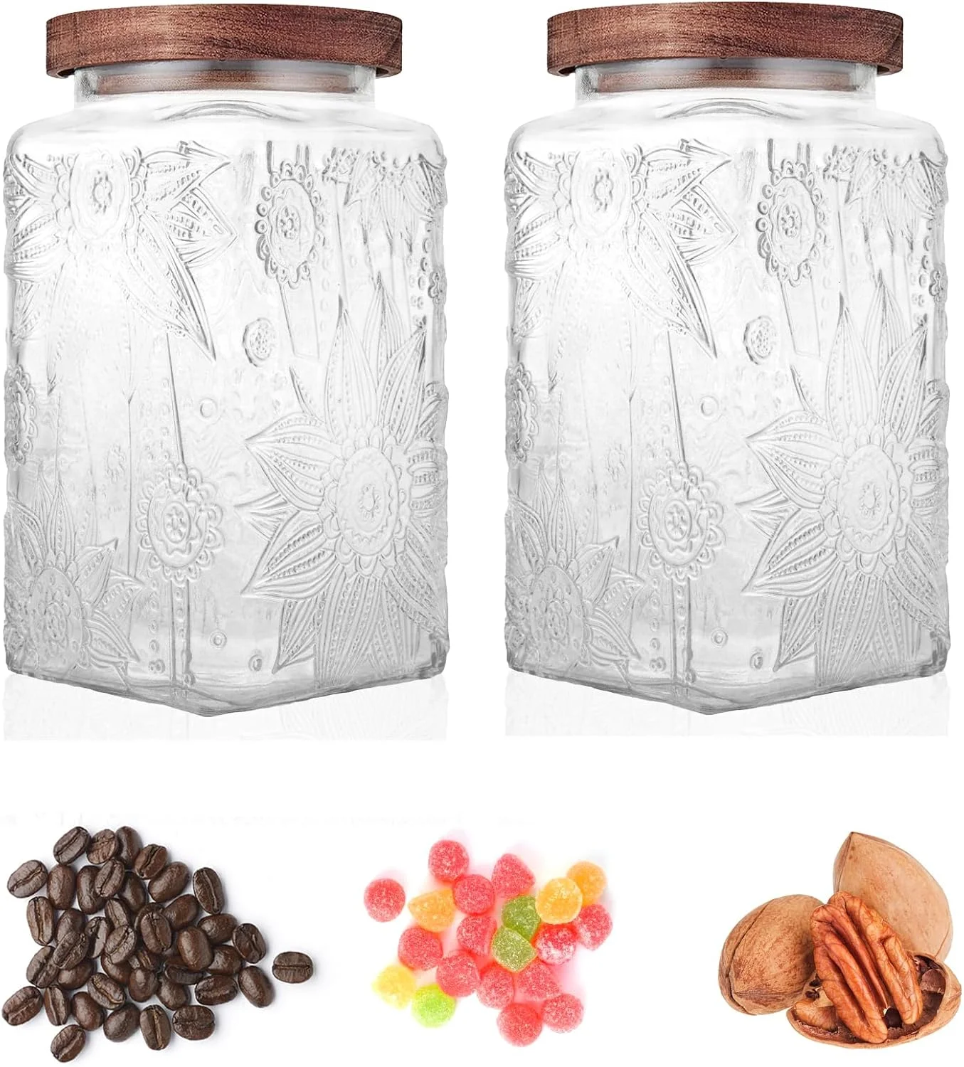 ظروف شیشه ای ذخیره سازی کاستد با درب محکم، ظرف 1035 میلی لیتری برای پیشخوان آشپزخانه با درب چوبی، شکر قهوه ای، آب نبات، قهوه، کلوچه، نمک، چای، شیشه زیبا (آفتابگردان مربع بزرگ)