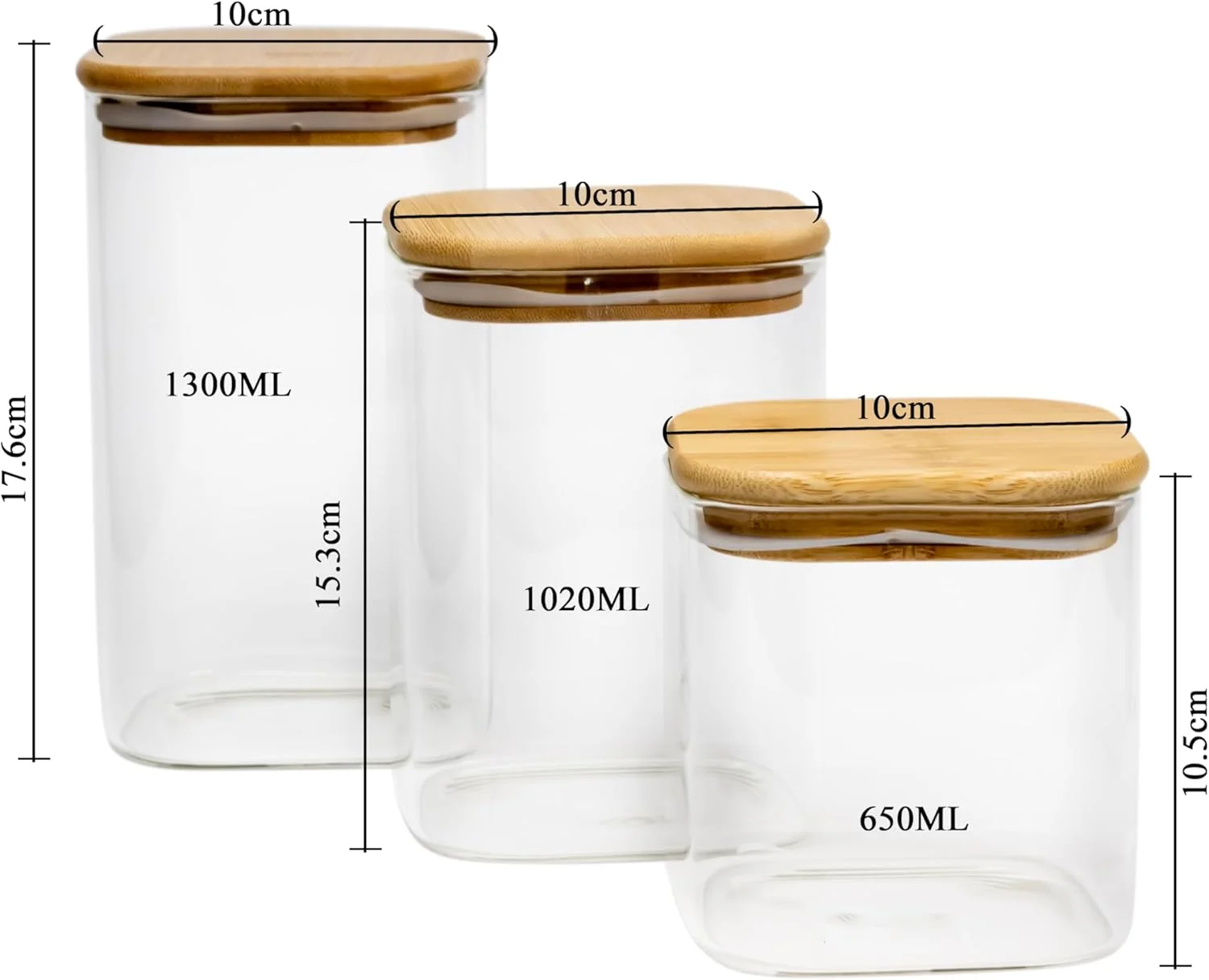 ست 3 تایی ظروف شیشه ای مربع شکل Cuisine Art با درب چوبی بامبو - ظروف شیشه ای بوروسیلیکات شفاف و ضد هوا، برای نگهداری مواد غذایی، غلات، دانه های قهوه، چای 650+1020+1300 میلی لیتر ست 3 تایی ظروف شیشه ای مربع شکل Cuisine Art با درب چوبی بامبو - ظروف شیشه ای بوروسیلیکات شفاف و ضد هوا، برای نگهداری مواد غذایی، غلات، دانه های قهوه، چای 650+1020+1300 میلی لیتر