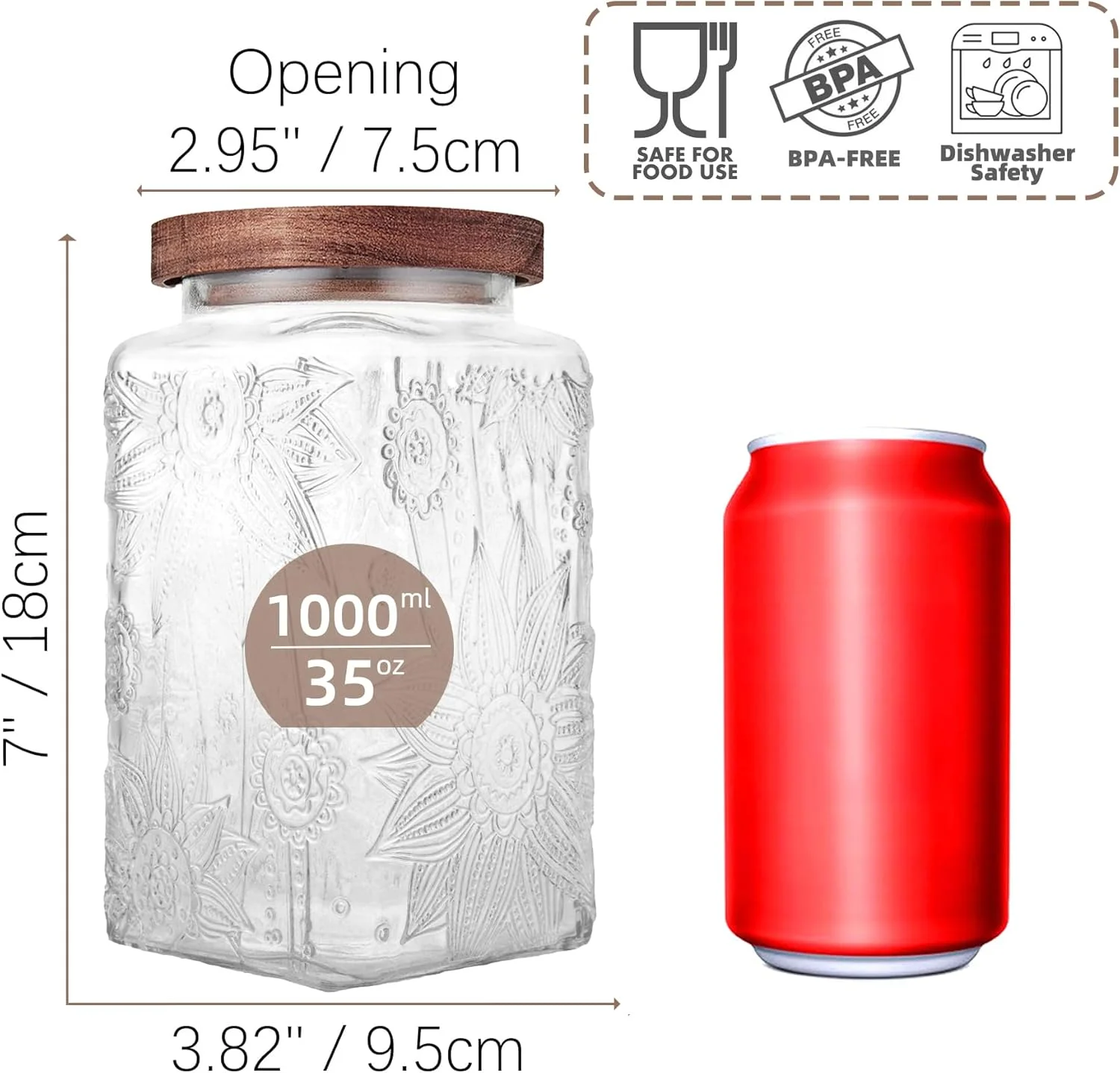 ظروف شیشه ای ذخیره سازی کاستد با درب محکم، ظرف 1035 میلی لیتری برای پیشخوان آشپزخانه با درب چوبی، شکر قهوه ای، آب نبات، قهوه، کلوچه، نمک، چای، شیشه زیبا (آفتابگردان مربع بزرگ)