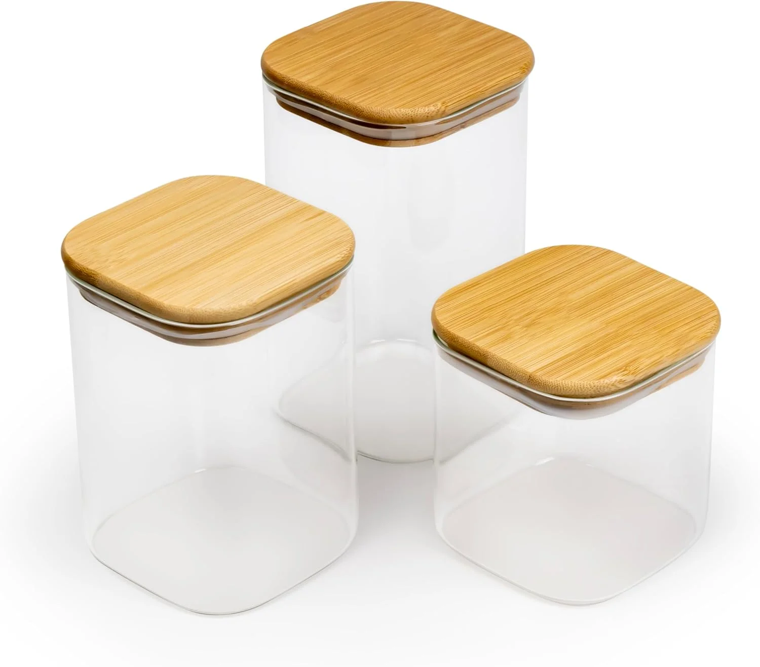 ست 3 تایی ظروف شیشه ای مربع شکل Cuisine Art با درب چوبی بامبو - ظروف شیشه ای بوروسیلیکات شفاف و ضد هوا، برای نگهداری مواد غذایی، غلات، دانه های قهوه، چای 650+1020+1300 میلی لیتر ست 3 تایی ظروف شیشه ای مربع شکل Cuisine Art با درب چوبی بامبو - ظروف شیشه ای بوروسیلیکات شفاف و ضد هوا، برای نگهداری مواد غذایی، غلات، دانه های قهوه، چای 650+1020+1300 میلی لیتر