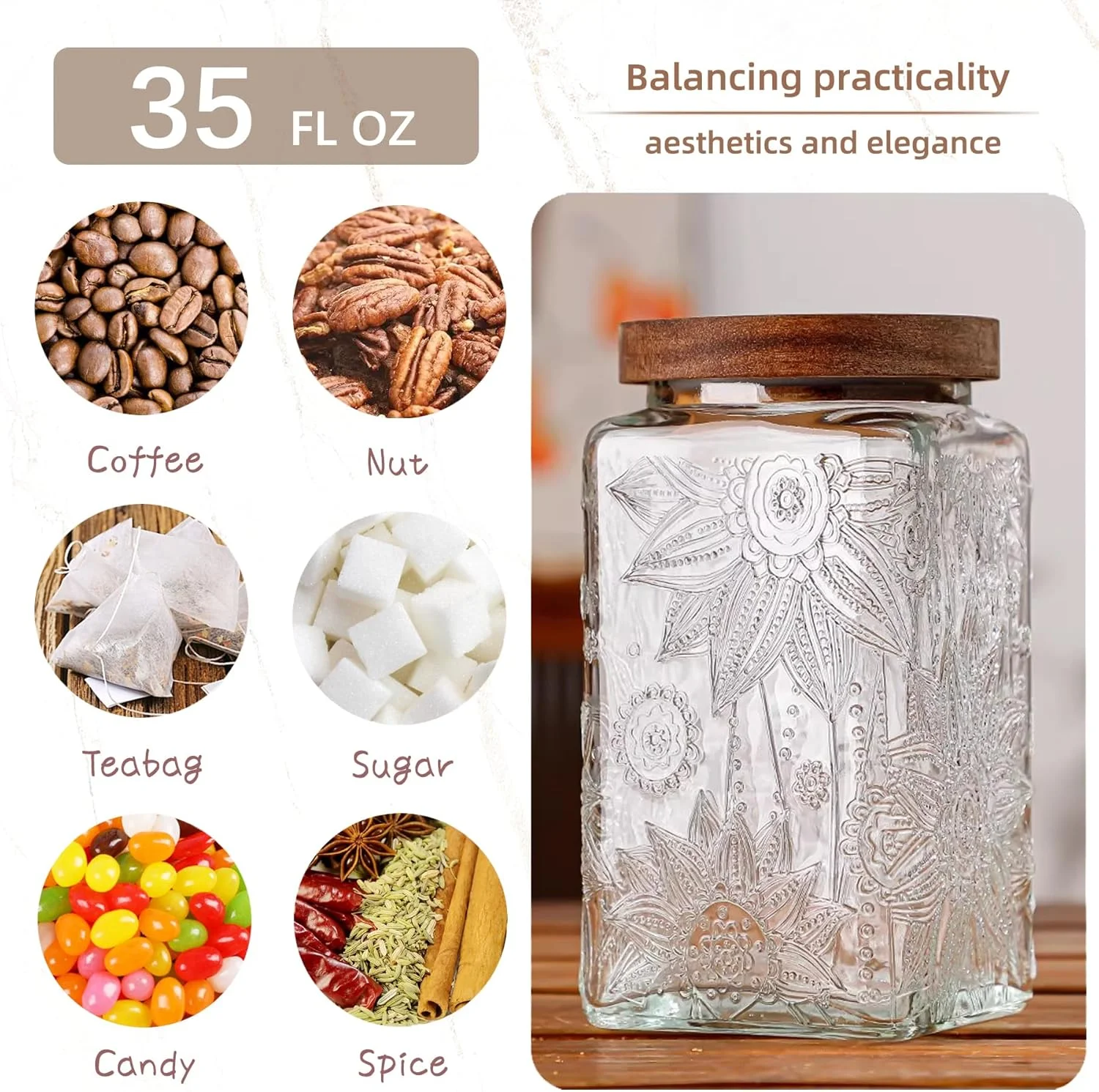 ظروف شیشه ای ذخیره سازی کاستد با درب محکم، ظرف 1035 میلی لیتری برای پیشخوان آشپزخانه با درب چوبی، شکر قهوه ای، آب نبات، قهوه، کلوچه، نمک، چای، شیشه زیبا (آفتابگردان مربع بزرگ)