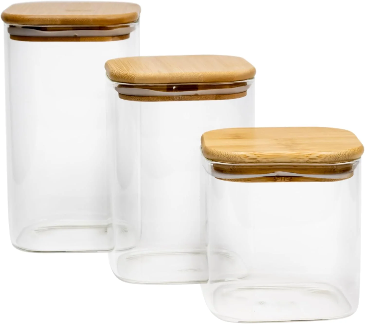 ست 3 تایی ظروف شیشه ای مربع شکل Cuisine Art با درب چوبی بامبو - ظروف شیشه ای بوروسیلیکات شفاف و ضد هوا، برای نگهداری مواد غذایی، غلات، دانه های قهوه، چای 650+1020+1300 میلی لیتر ست 3 تایی ظروف شیشه ای مربع شکل Cuisine Art با درب چوبی بامبو - ظروف شیشه ای بوروسیلیکات شفاف و ضد هوا، برای نگهداری مواد غذایی، غلات، دانه های قهوه، چای 650+1020+1300 میلی لیتر