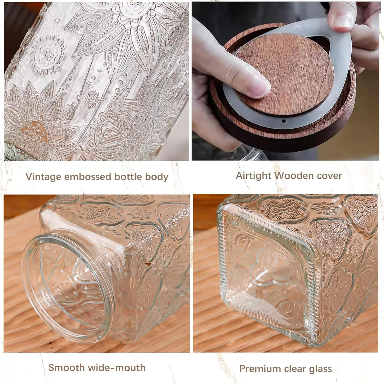 ظروف شیشه ای ذخیره سازی کاستد با درب محکم، ظرف 1035 میلی لیتری برای پیشخوان آشپزخانه با درب چوبی، شکر قهوه ای، آب نبات، قهوه، کلوچه، نمک، چای، شیشه زیبا (آفتابگردان مربع بزرگ)