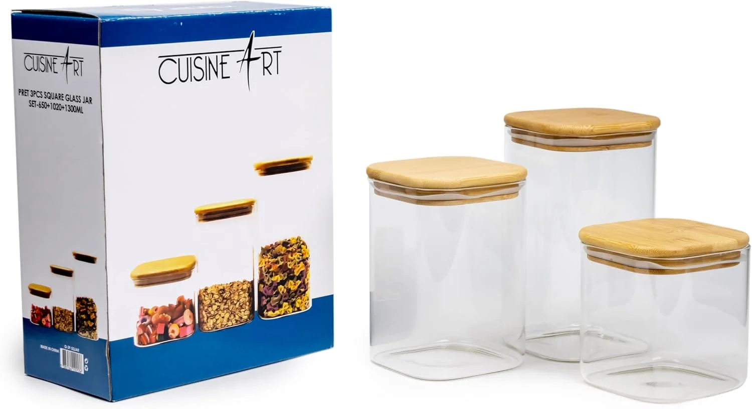 ست 3 تایی ظروف شیشه ای مربع شکل Cuisine Art با درب چوبی بامبو - ظروف شیشه ای بوروسیلیکات شفاف و ضد هوا، برای نگهداری مواد غذایی، غلات، دانه های قهوه، چای 650+1020+1300 میلی لیتر ست 3 تایی ظروف شیشه ای مربع شکل Cuisine Art با درب چوبی بامبو - ظروف شیشه ای بوروسیلیکات شفاف و ضد هوا، برای نگهداری مواد غذایی، غلات، دانه های قهوه، چای 650+1020+1300 میلی لیتر