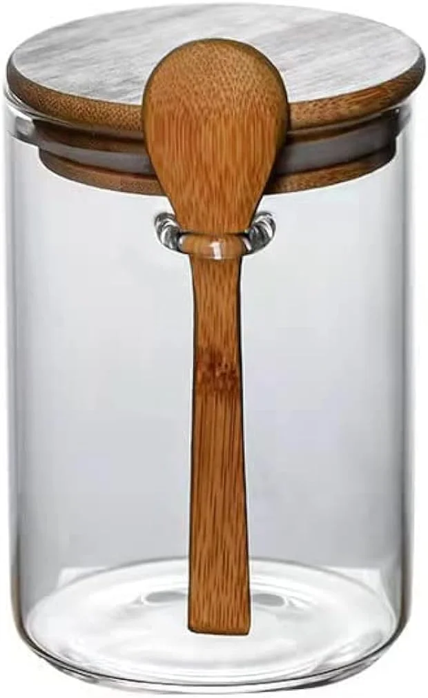 ظروف شیشه ای شفاف 450 میلی لیتری برای نگهداری مواد غذایی در آشپزخانه به همراه قاشق چوبی، ظروف کوچک درب دار با درب بامبو، ظروف نگهداری مواد غذایی با درب محکم