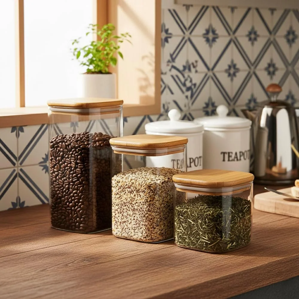 ست 3 تایی ظروف شیشه ای مربع شکل Cuisine Art با درب چوبی بامبو - ظروف شیشه ای بوروسیلیکات شفاف و ضد هوا، برای نگهداری مواد غذایی، غلات، دانه های قهوه، چای 650+1020+1300 میلی لیتر ست 3 تایی ظروف شیشه ای مربع شکل Cuisine Art با درب چوبی بامبو - ظروف شیشه ای بوروسیلیکات شفاف و ضد هوا، برای نگهداری مواد غذایی، غلات، دانه های قهوه، چای 650+1020+1300 میلی لیتر