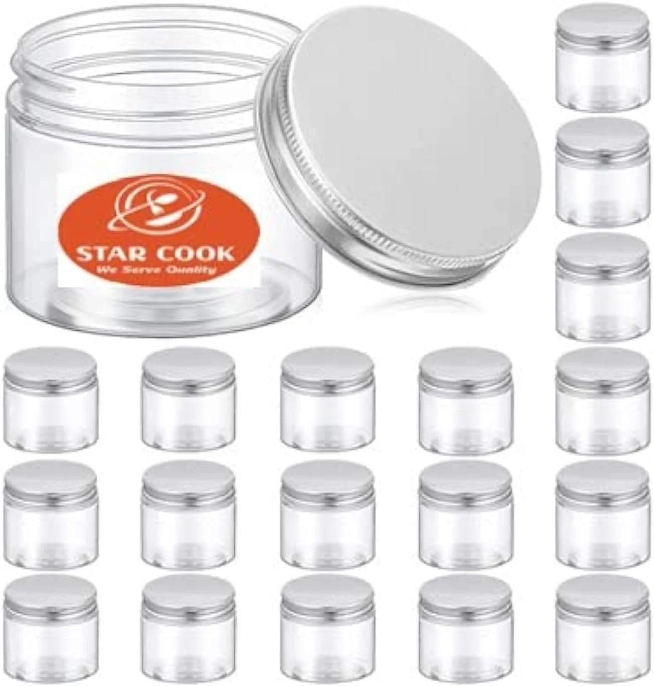 ظروف پلاستیکی 18 عددی 100 میلی لیتری استار کوک، ظروف شفاف برای نگهداری، ظروف لوازم آرایشی قابل شارژ، ظروف نگهداری آشپزخانه با درب برای لوازم آرایشی، مواد غذایی و ادویه جات (درب نقره ای، 6.5 x 6.5 x 5 سانتی متر)