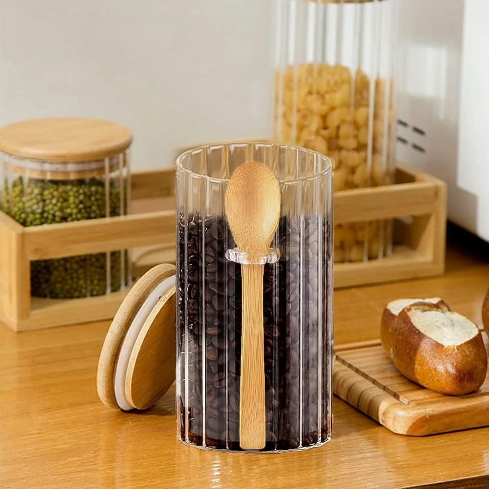 ظروف شیشه ای برای مواد غذایی، ظرف نگهداری قهوه با درب بامبو هواگیر، ظروف جو دوسر یک شبه 2 عددی، ظروف نگهداری مواد غذایی برای دانه های قهوه، آرد، شکر، کلوچه، پاستا، آجیل (750 میلی لیتر)