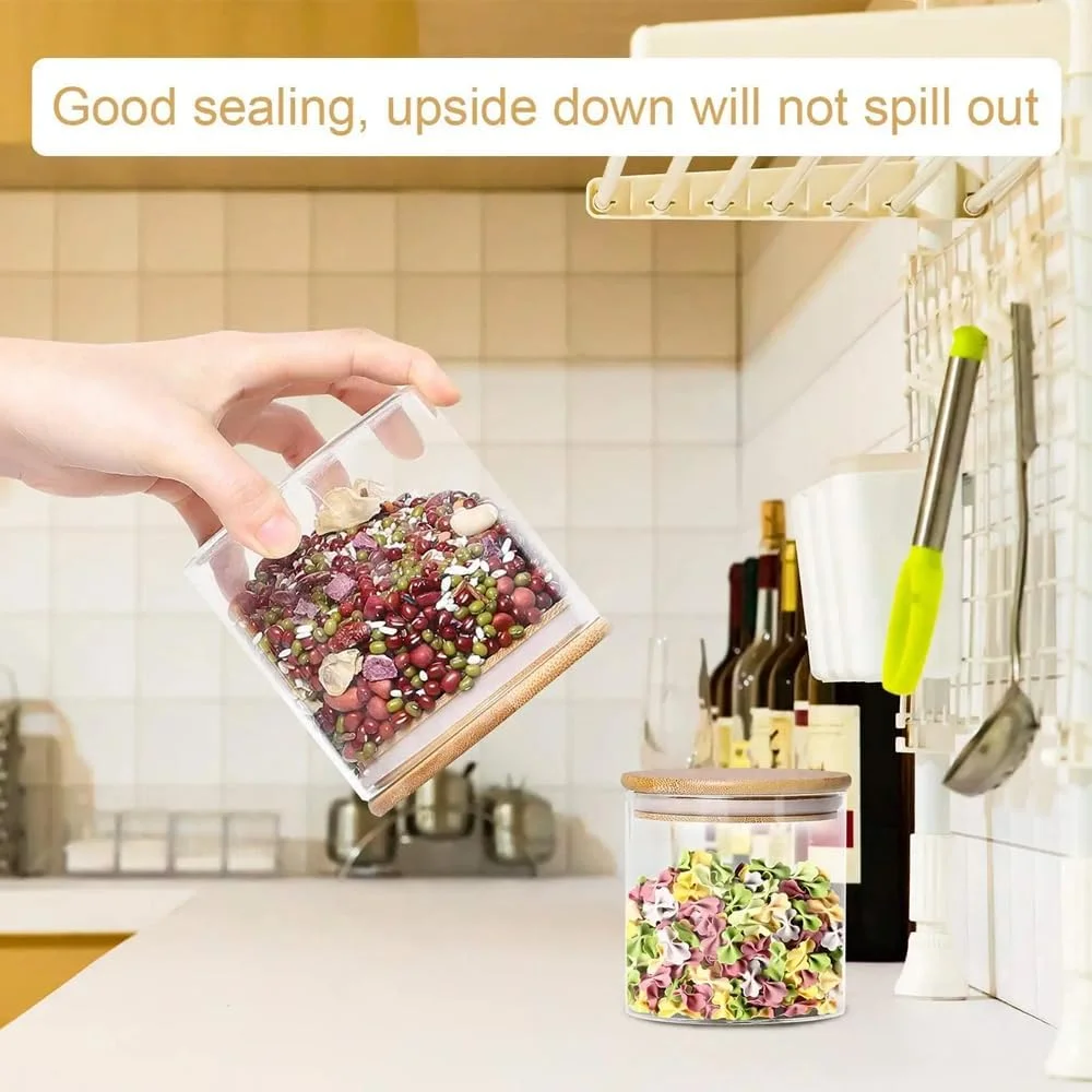 ست 4 تایی ظروف شیشه ای ممتاز نگهداری مواد غذایی خشک با درب بامبو | ظروف نگهداری آشپزخانه قابل چیدن برای سازماندهی و حفظ تازگی